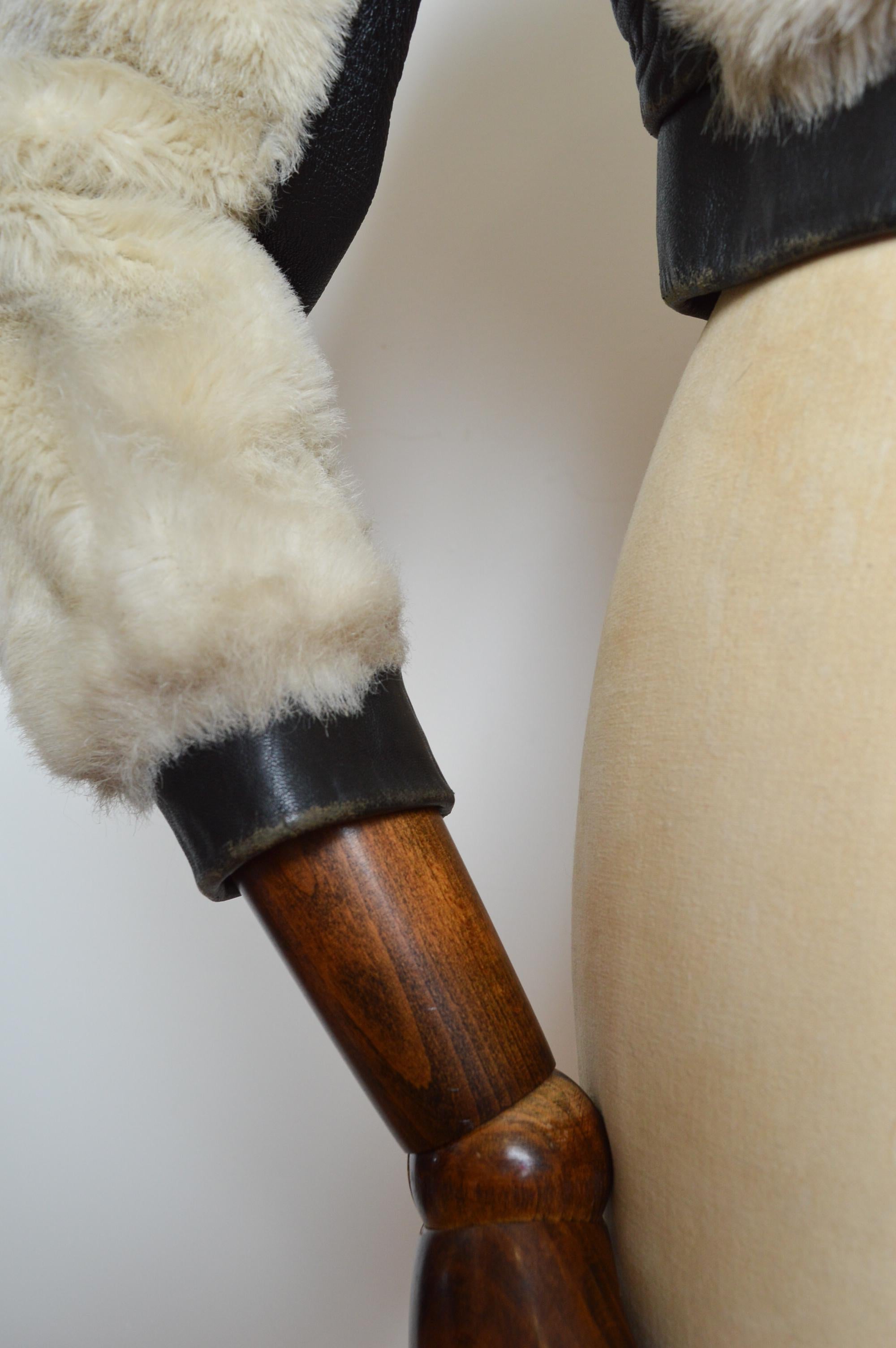 Glam Rock 1970’s White Faux Mink Fur & Black Leather Cropped Jacket - Coat 2