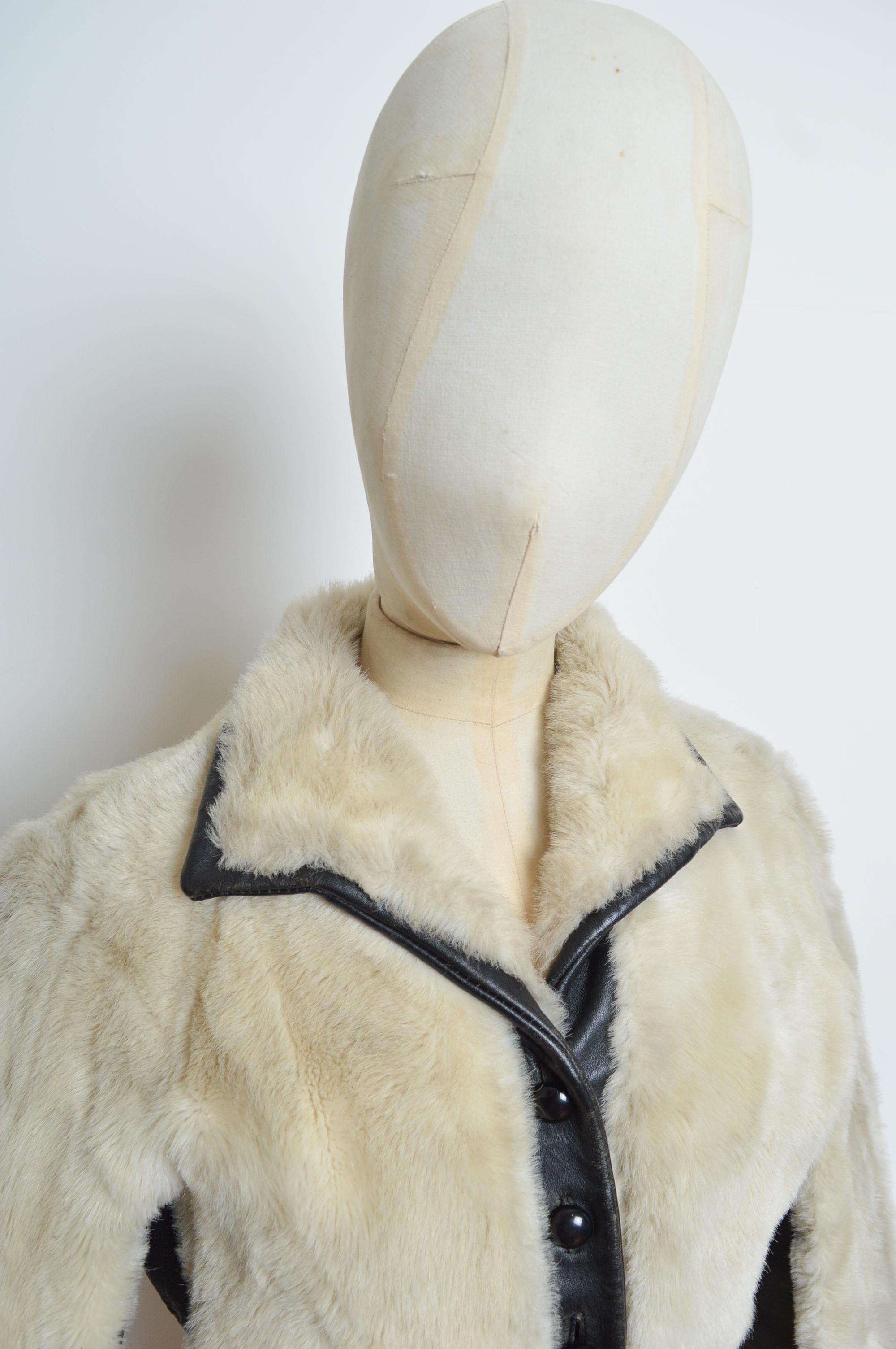 Glam Rock 1970’s White Faux Mink Fur & Black Leather Cropped Jacket - Coat 3