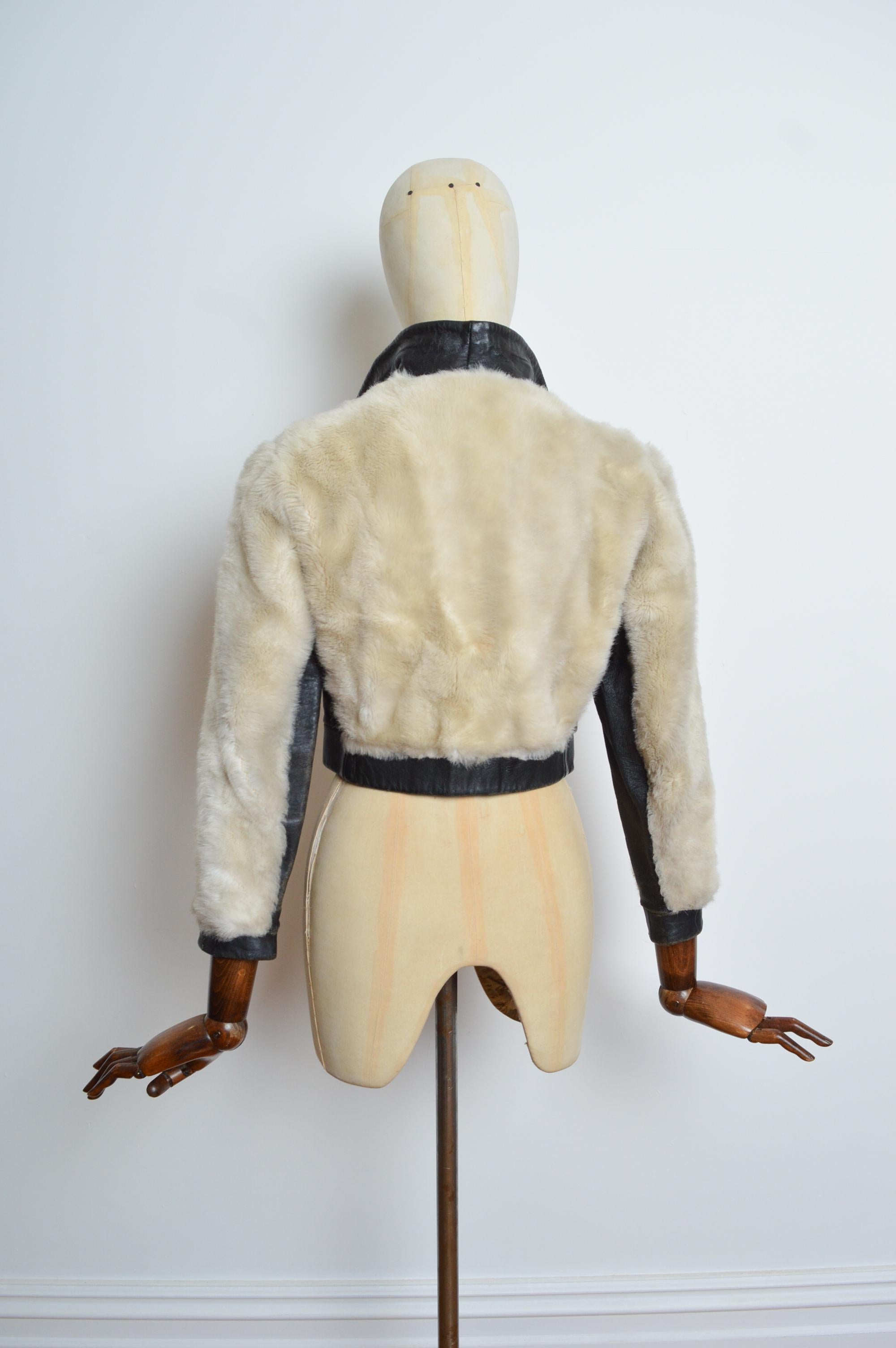 Glam Rock 1970’s White Faux Mink Fur & Black Leather Cropped Jacket - Coat 4