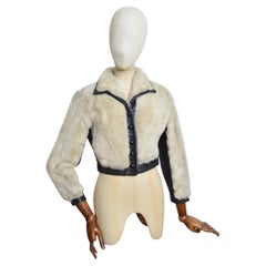 Glam Rock 1970's - Veste croisée en fausse fourrure de vison blanche et cuir noir - Manteau