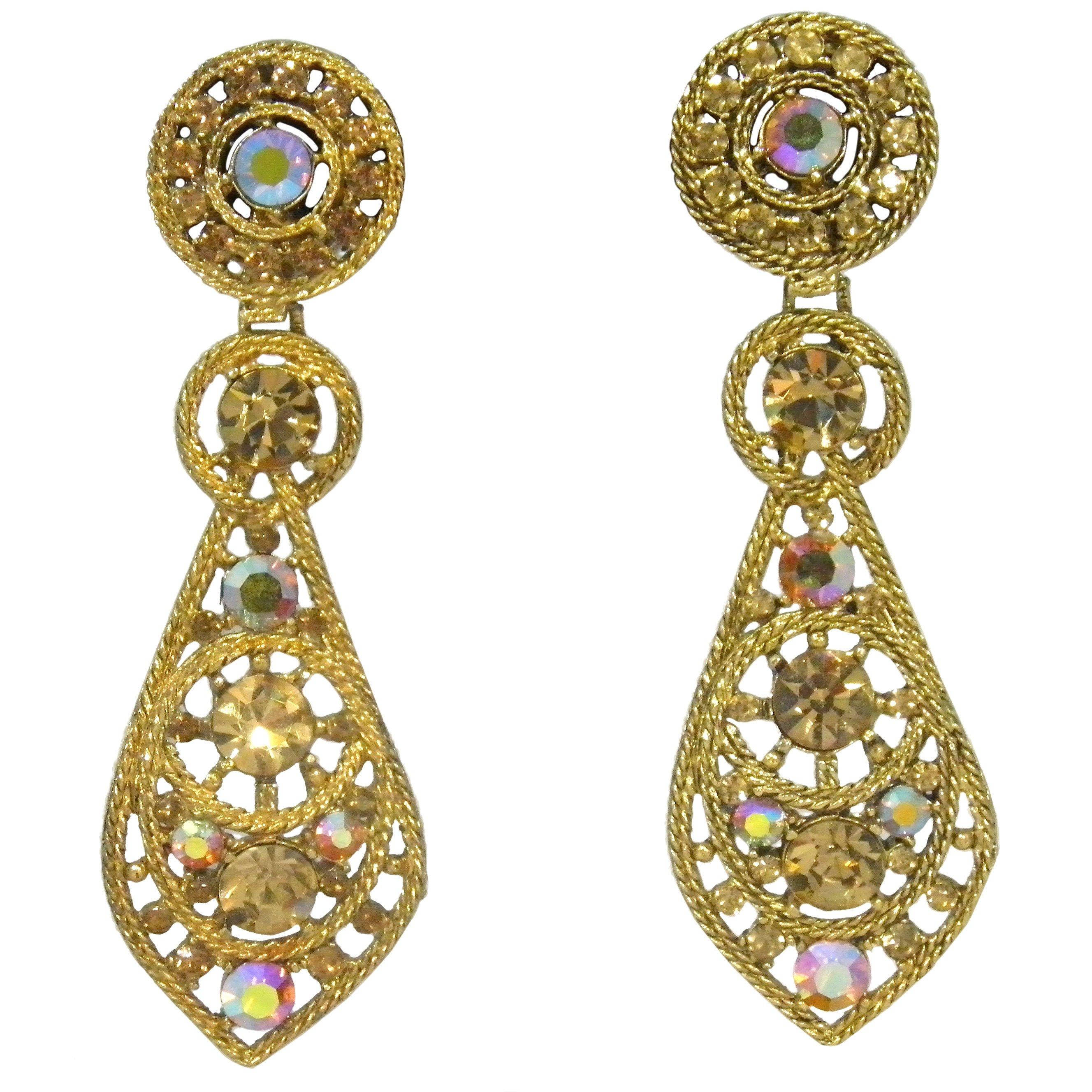 Glam Thelma Deutsch Pendant Pair Earrings- Amber Aurora Borealis Stones For Sale