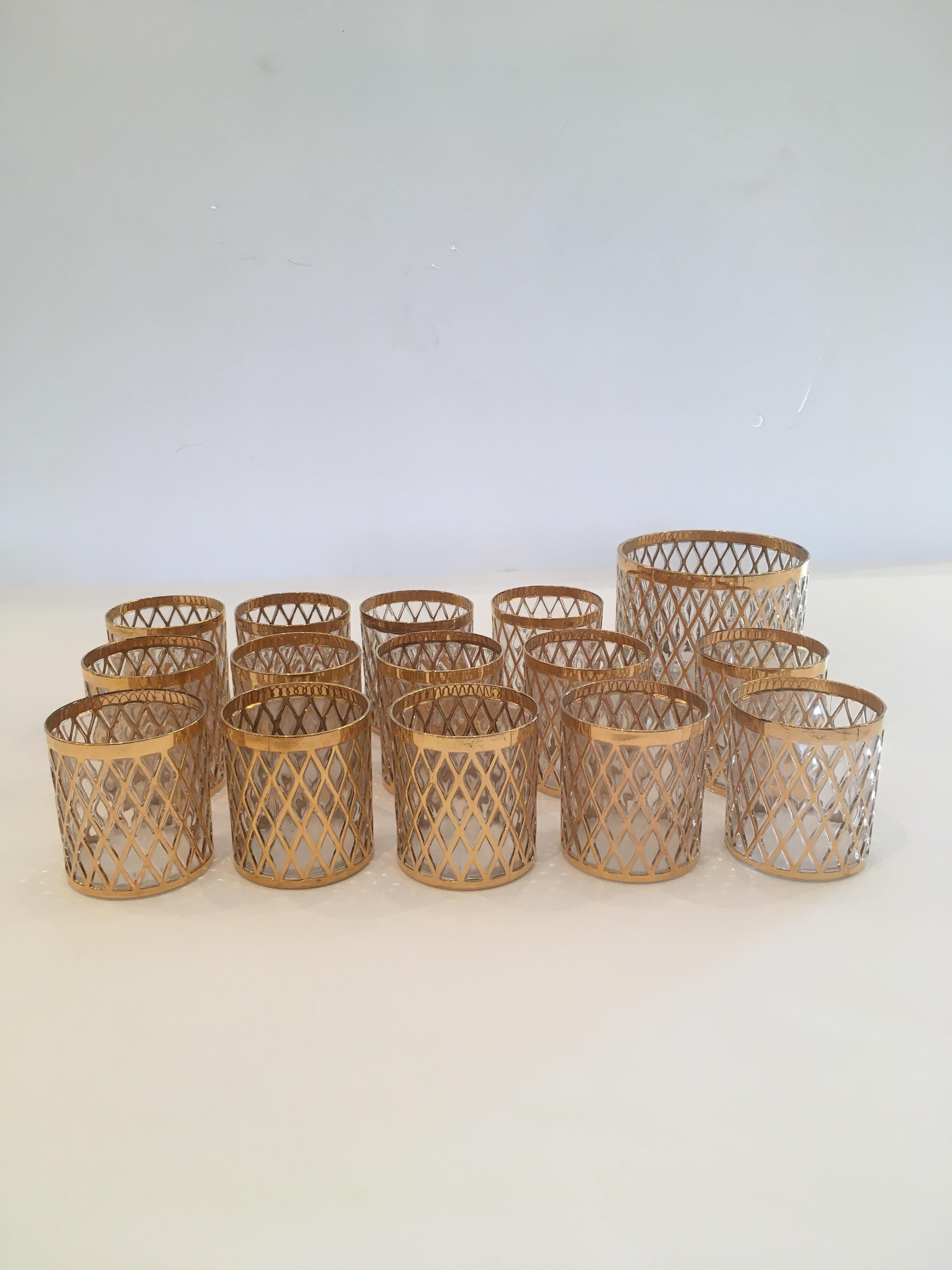 Mid-20th Century Glam Vintage Set of 14 Rocks Glasses and Ice Bucket by Imperial Glass Company