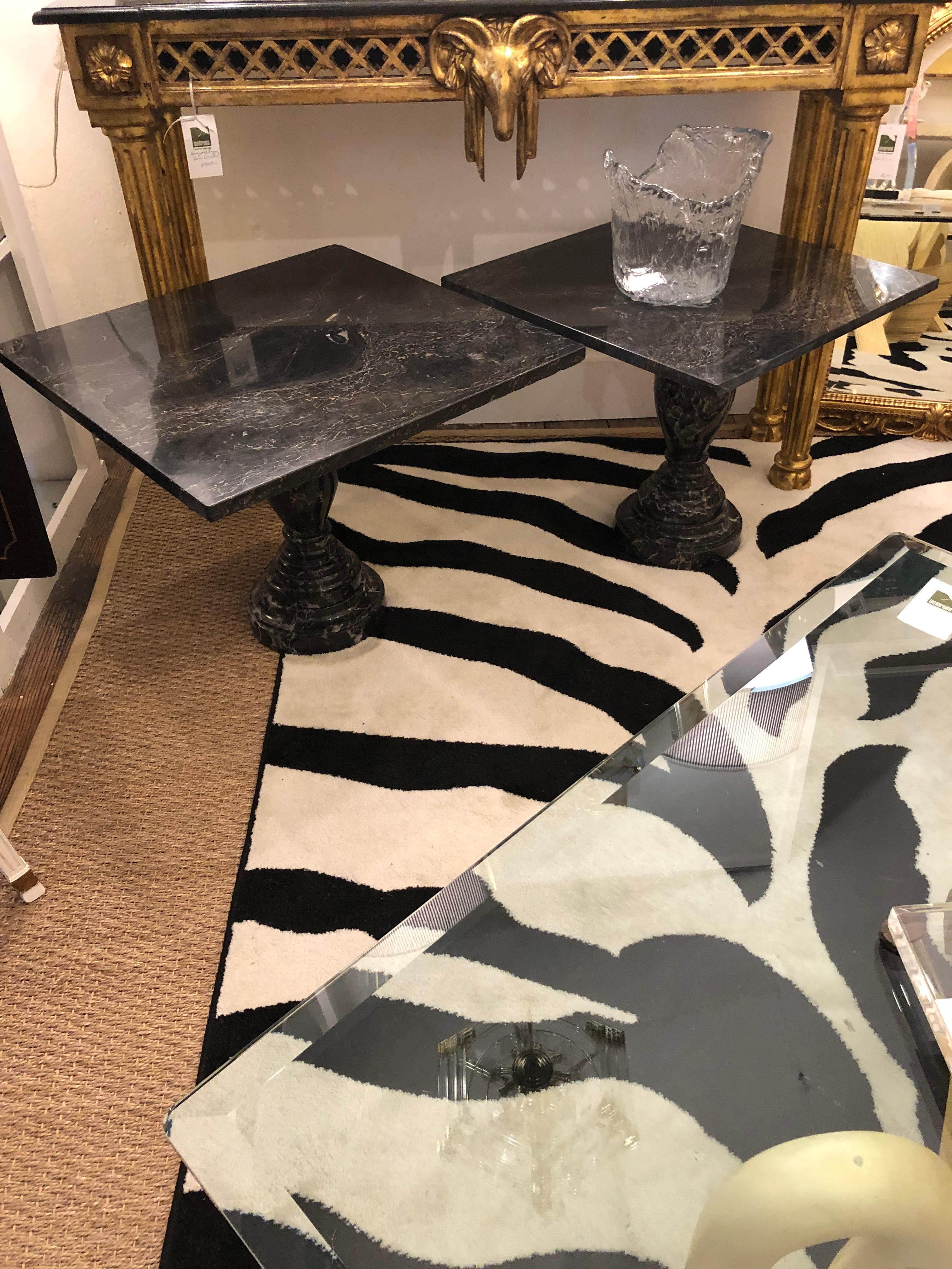 American Glam Vintage Square Pair of Black Marble Top End Tables For Sale