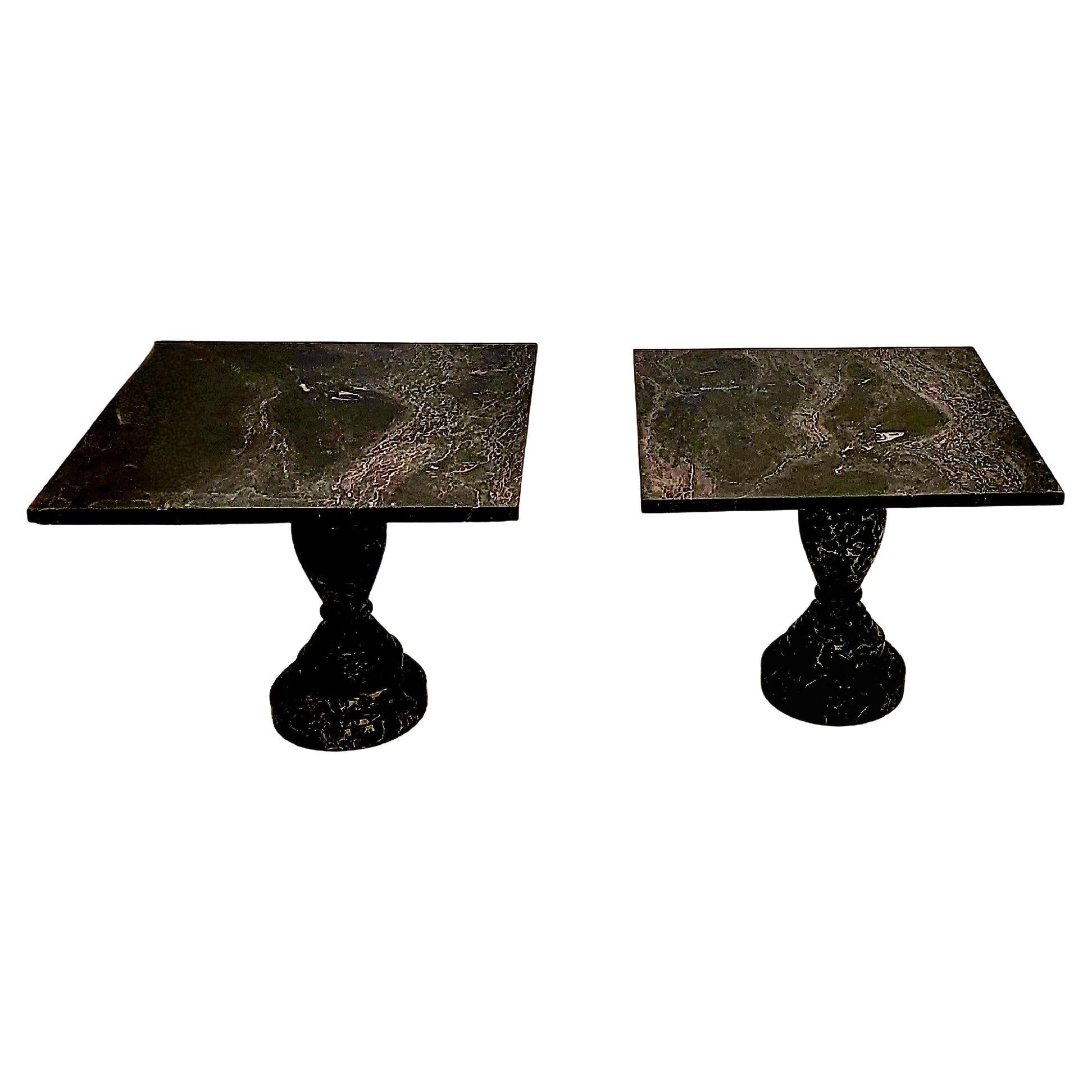 Glam Vintage Square Pair of Black Marble Top End Tables For Sale