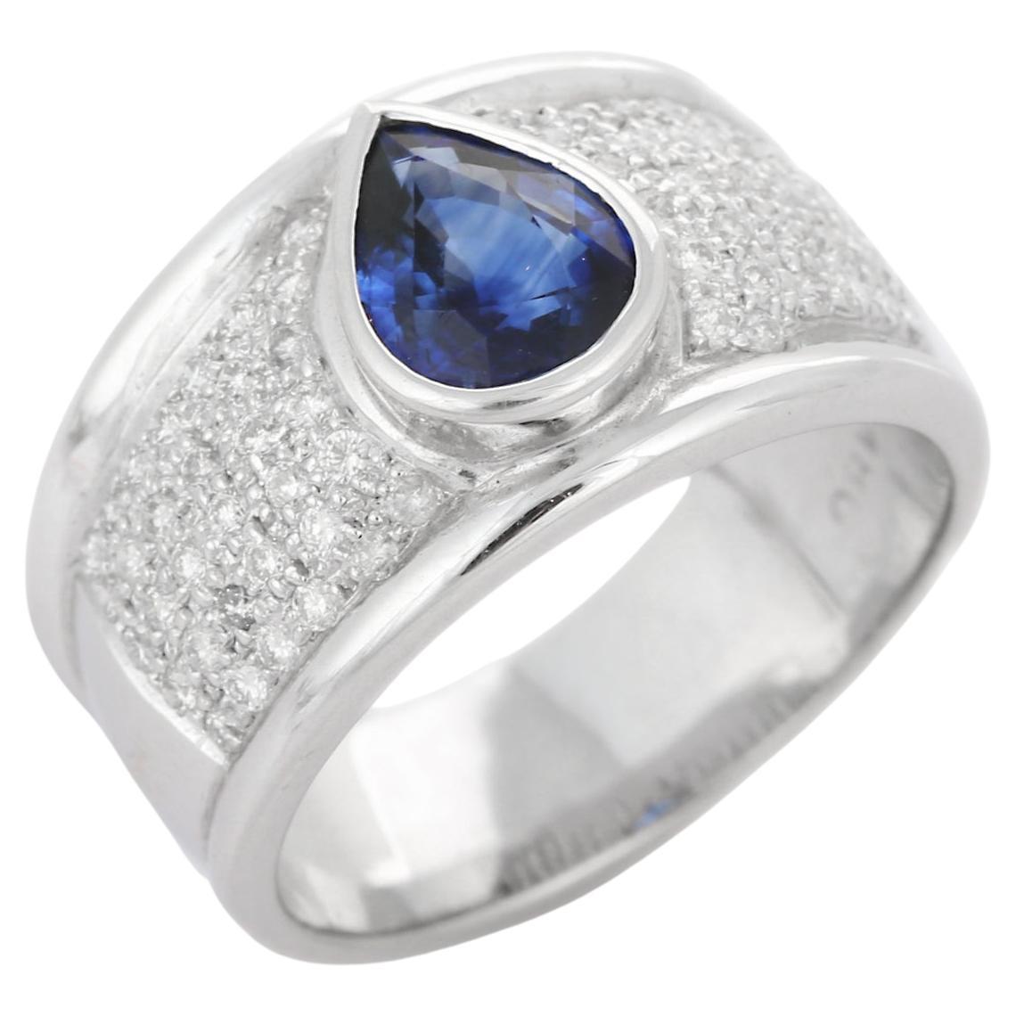 Glamarous Blue Sapphire Diamond Cocktail Ring for Mens in 18k White Gold