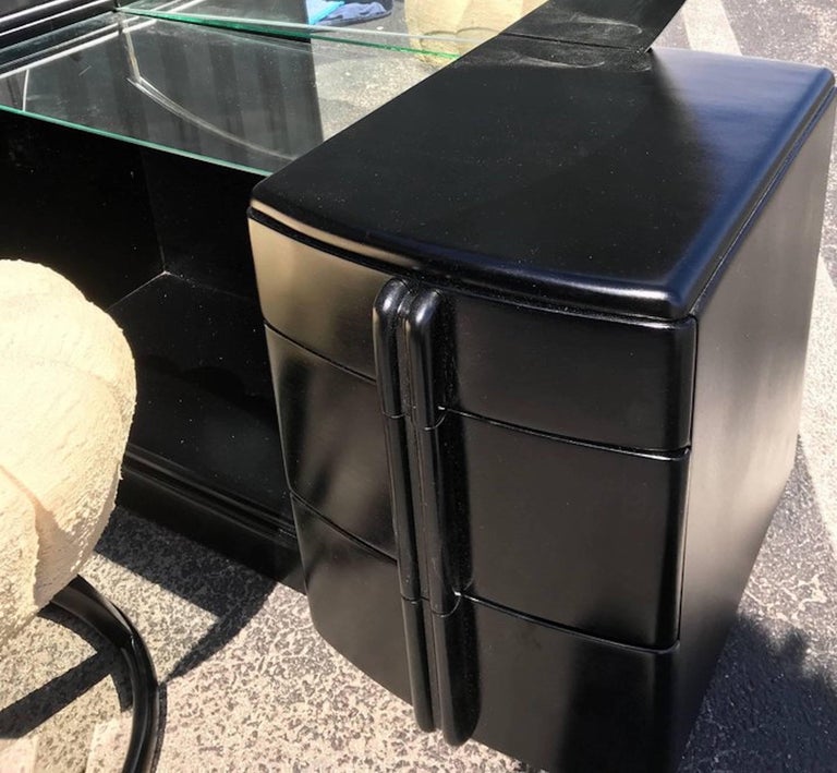 Glamorous Art Deco Black Lacquer Vanity with Stool by HaywoodWakefield
