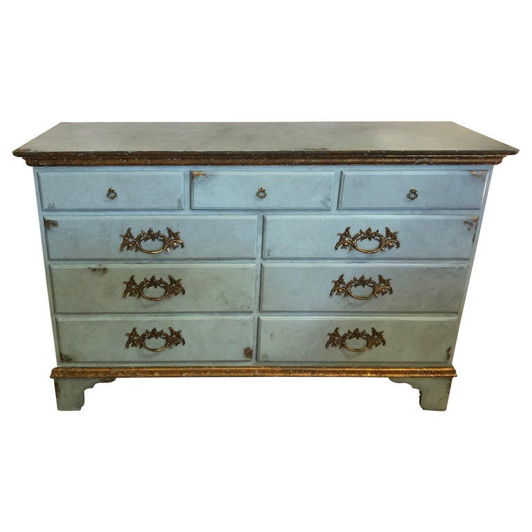 Glammed Up Vintage Blue Faux Painted Large Chest Of Drawers