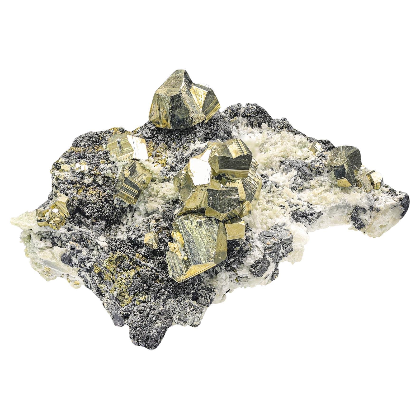 Glamming Goldene, ineinander verschlungene Pyritkristalle auf Matrix aus Pakistan im Angebot