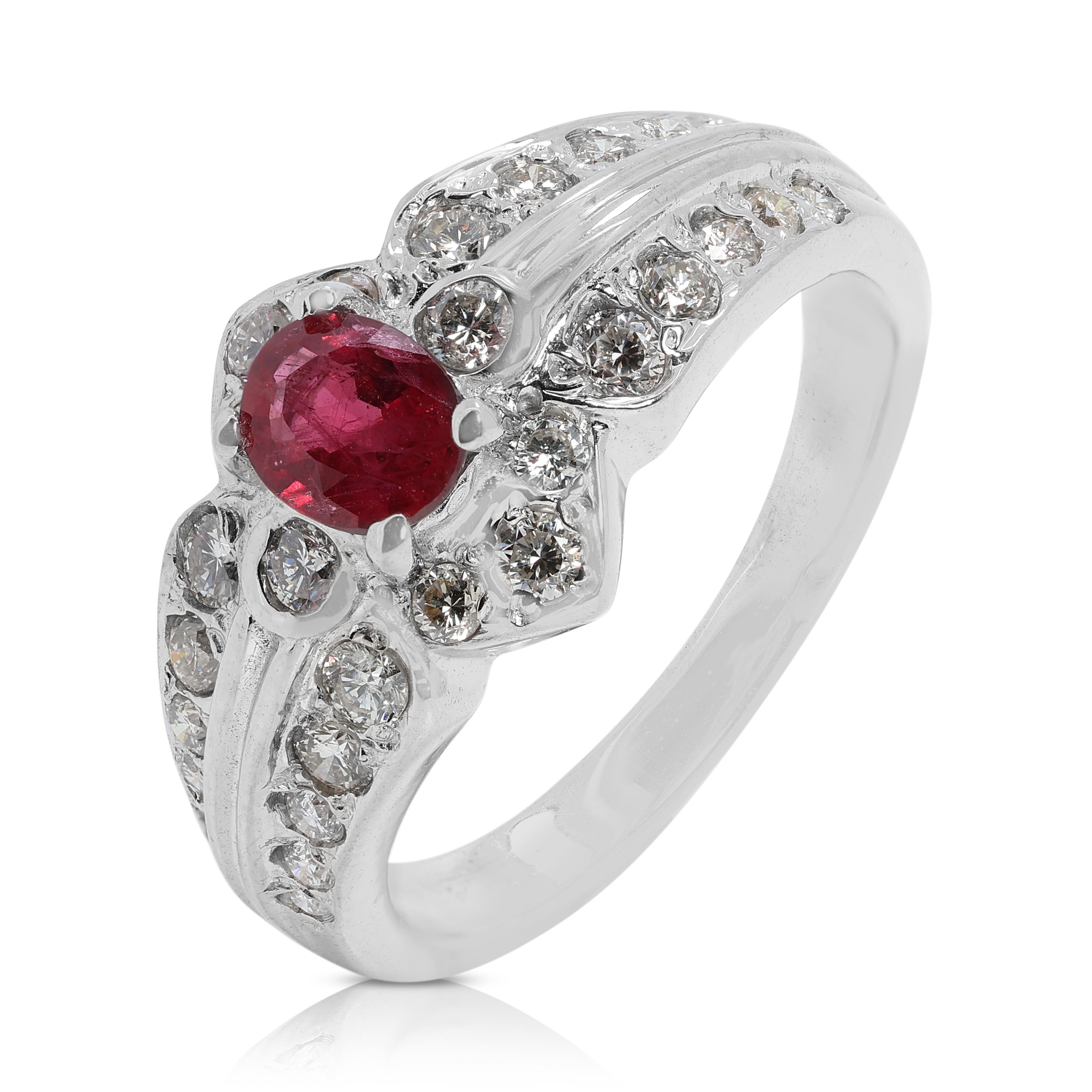 Oval Cut Glamorous 0.28ct Ruby Ring with Natural Diamonds in 18K White Gold For Sale