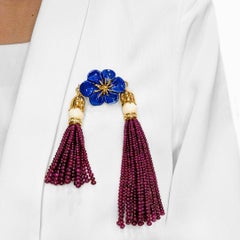 Glamorous 0.72ct Natural Diamond, Lapis & Ruby Bead Brooch in 18K Yellow Gold