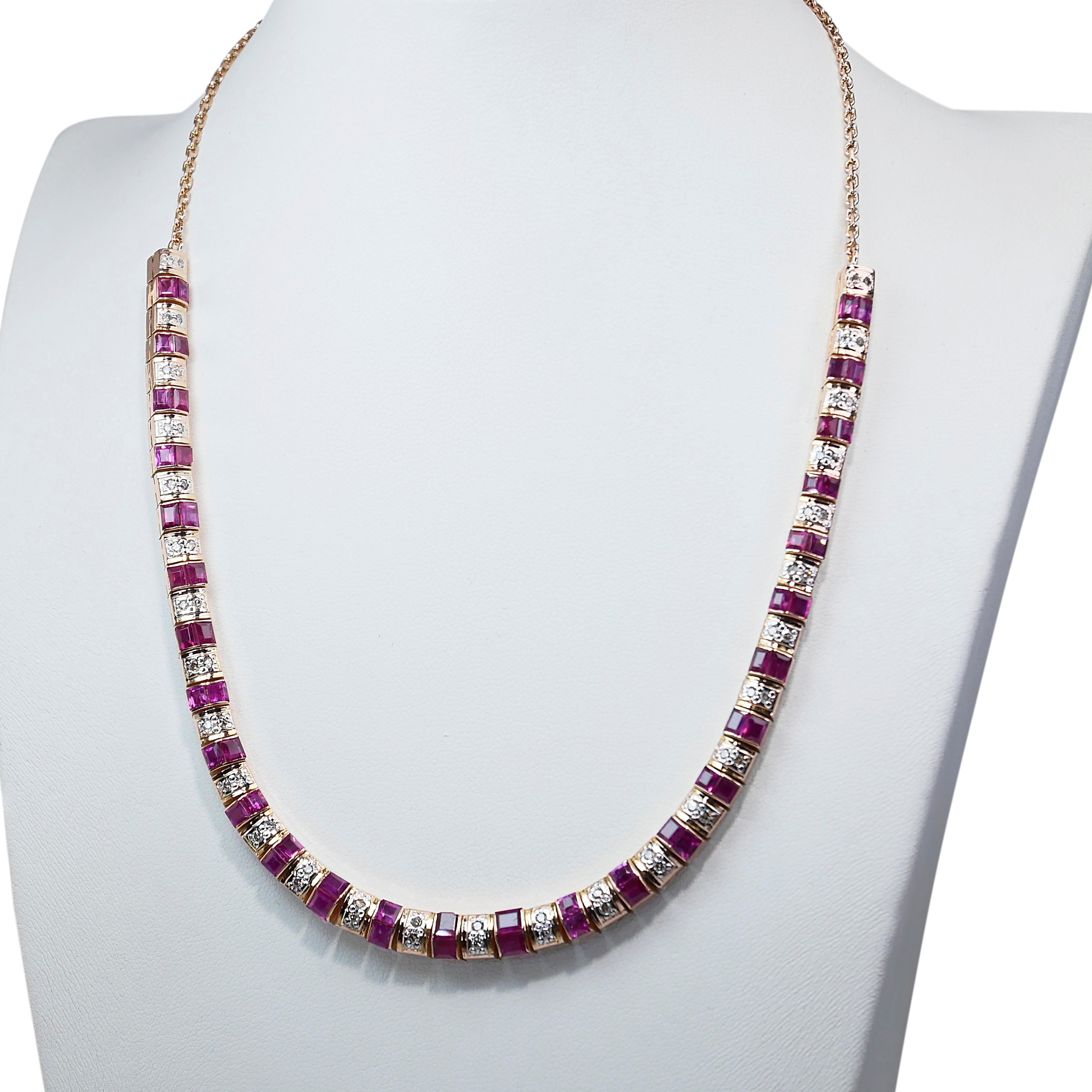 Baguette Cut Glamorous 11.8ct Rubies and Diamonds Necklace in 14k Yellow Gold - IGI Certified For Sale
