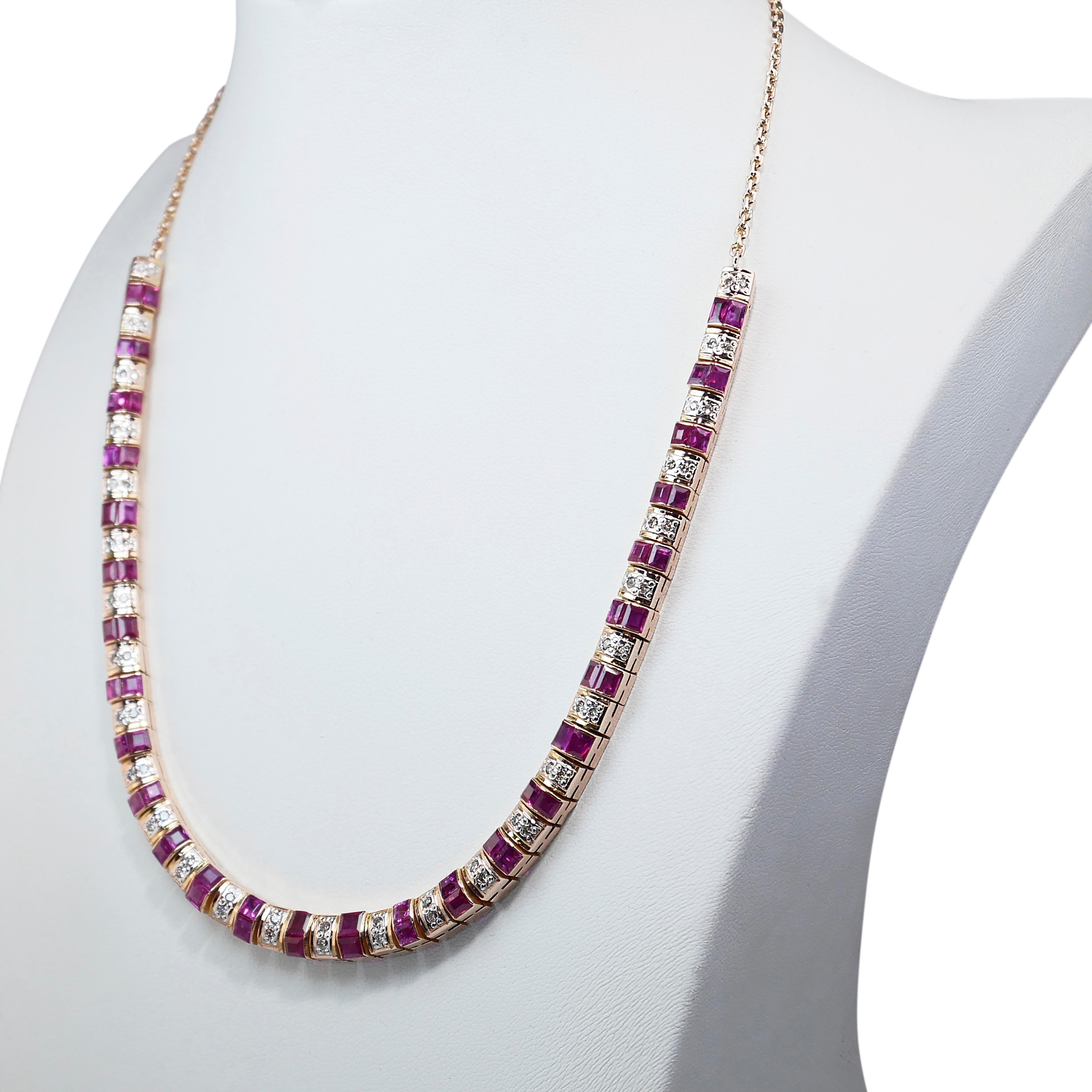 Glamorous 11.8ct Rubies and Diamonds Necklace in 14k Yellow Gold - IGI Certified In New Condition For Sale In רמת גן, IL