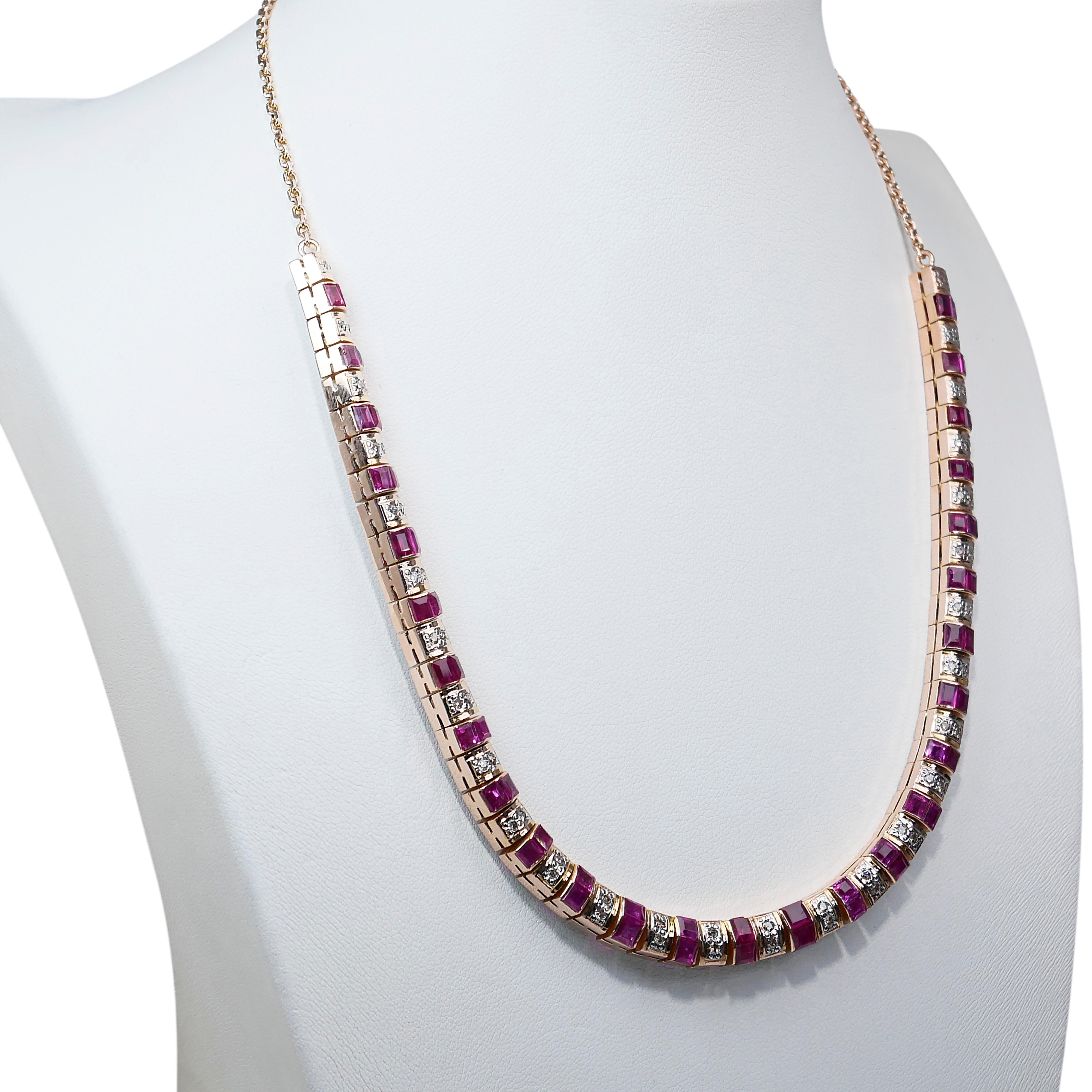 Women's Glamorous 11.8ct Rubies and Diamonds Necklace in 14k Yellow Gold - IGI Certified For Sale