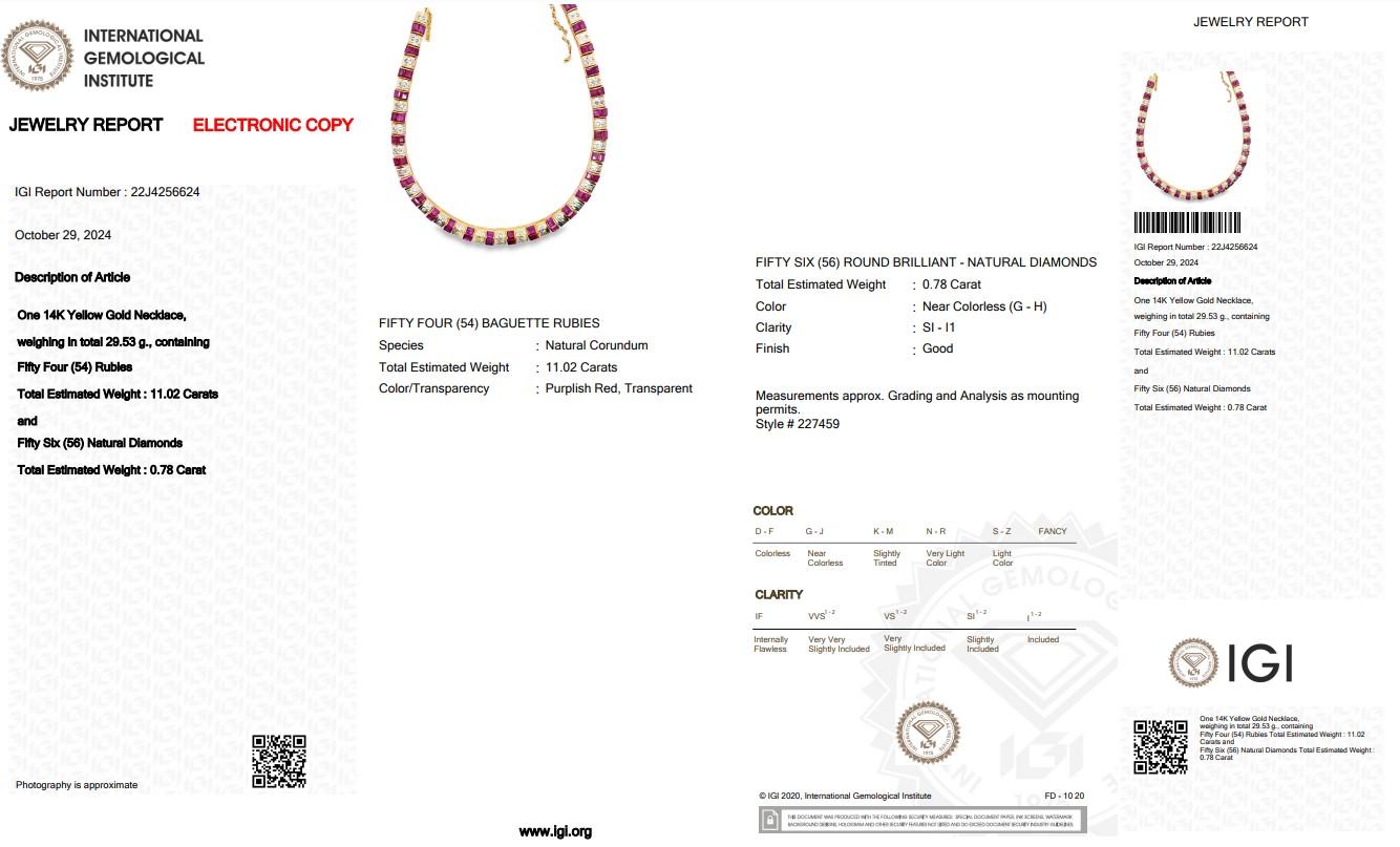 Glamorous 11.8ct Rubies and Diamonds Necklace in 14k Yellow Gold - IGI Certified For Sale 1