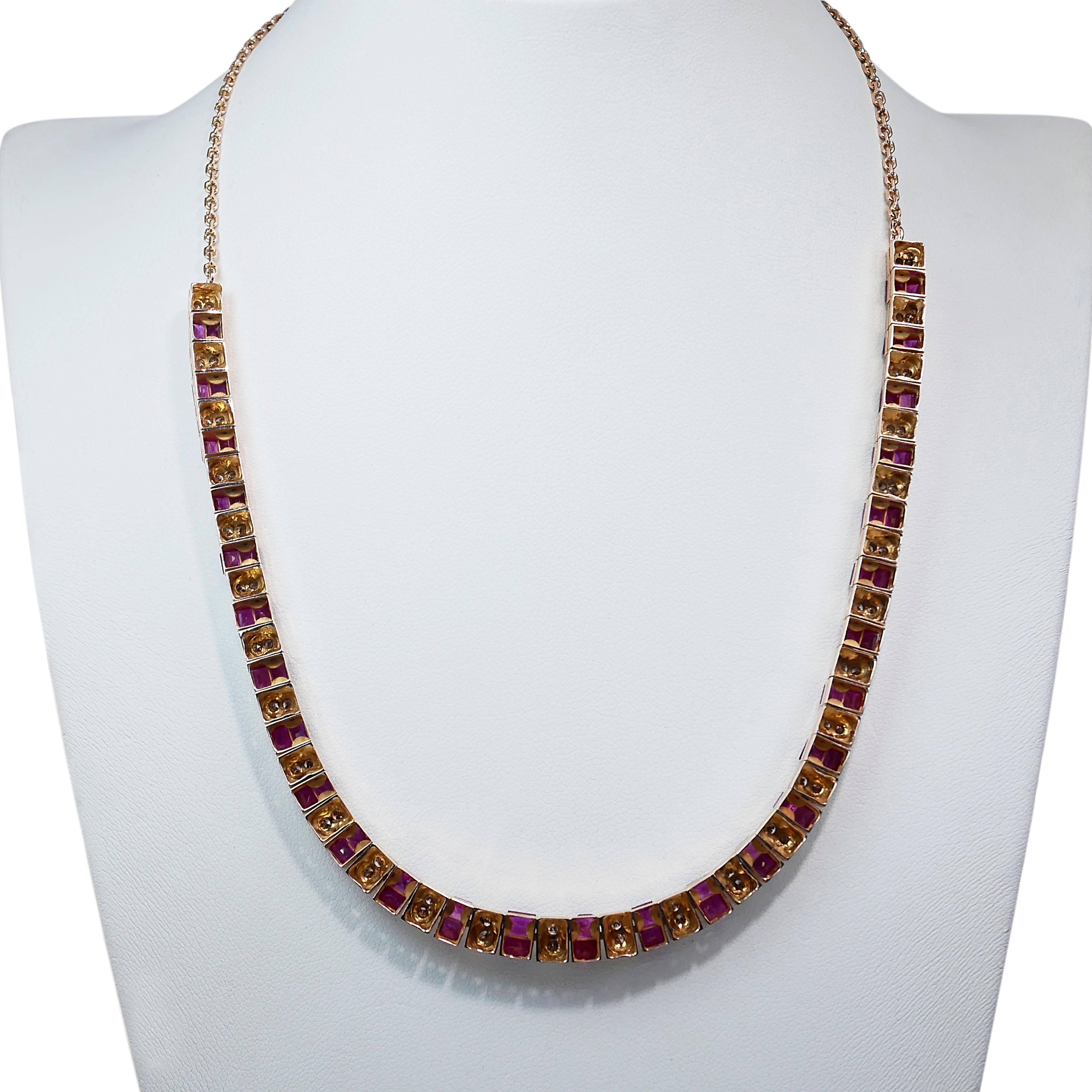 Glamorous 11.8ct Rubies and Diamonds Necklace in 14k Yellow Gold - IGI Certified For Sale 2
