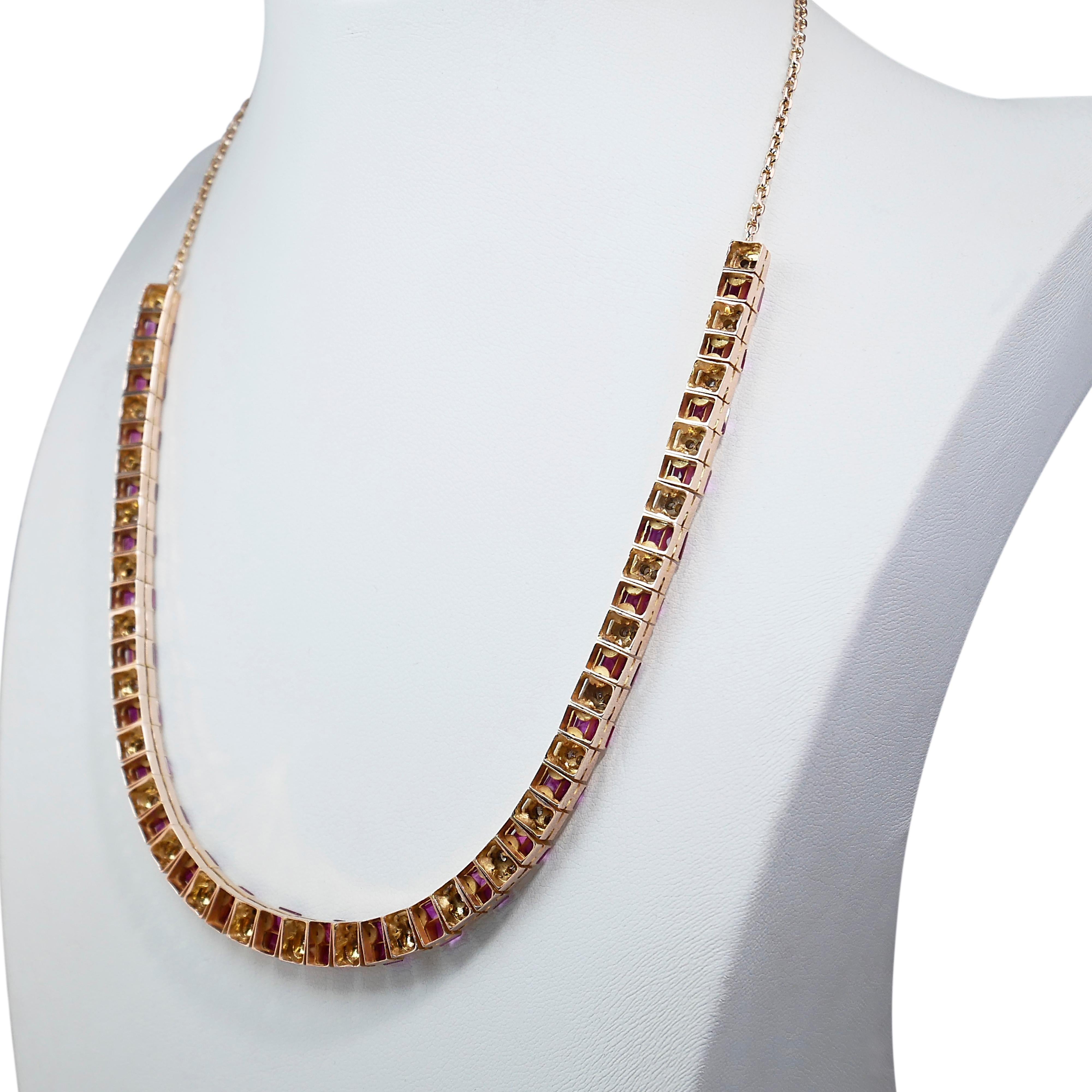 Glamorous 11.8ct Rubies and Diamonds Necklace in 14k Yellow Gold - IGI Certified For Sale 3