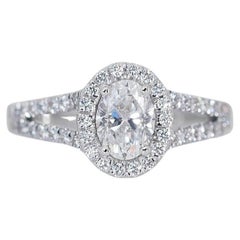 Bague glamour halo de diamants ovales 1,30 carat en or blanc 18 carats, certifiée GIA