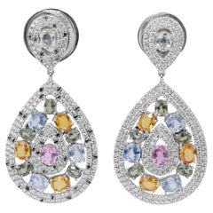 Glamorous 13.32ct Sapphires and Diamonds Drop Earrings in 14k White Gold - IGI 