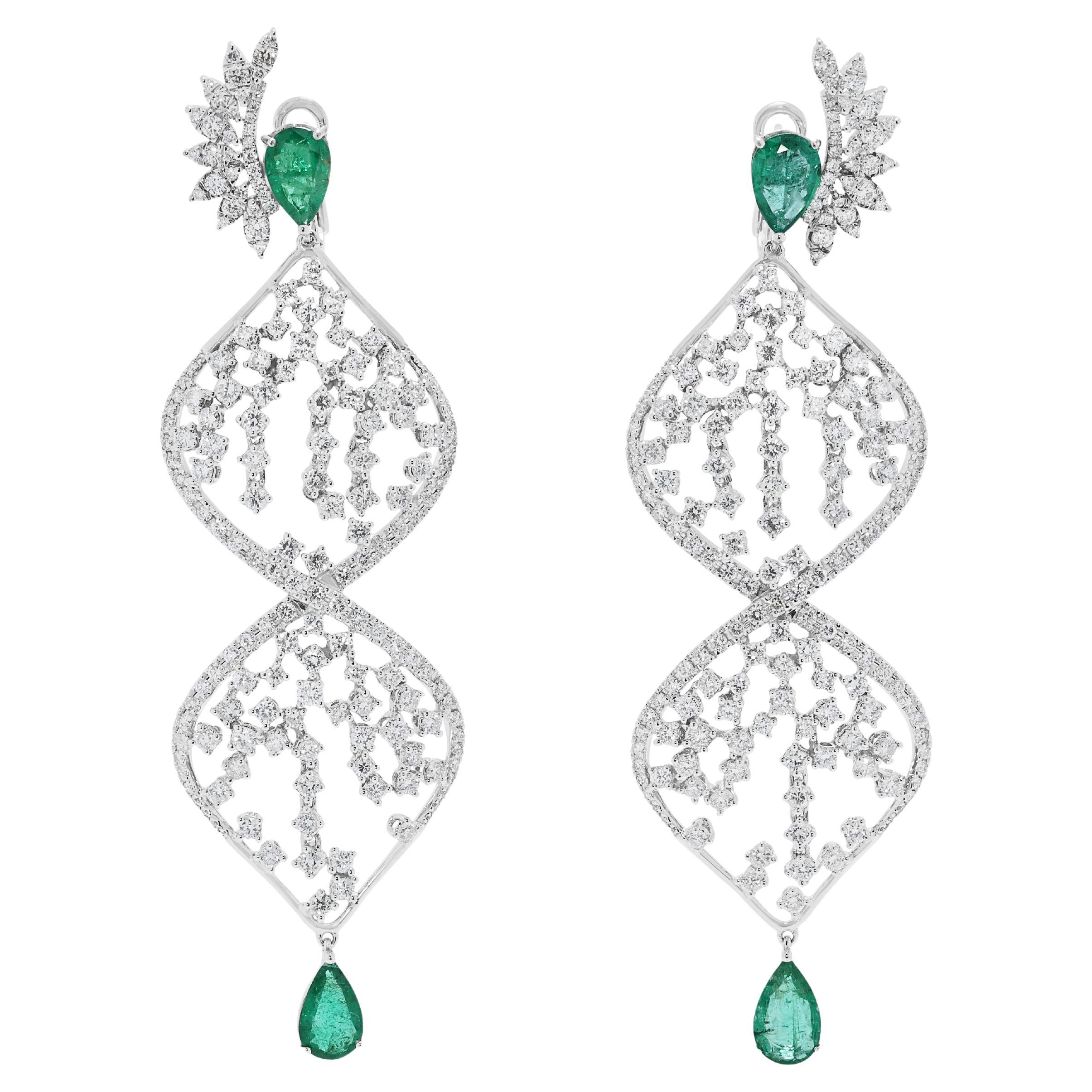 Glamorous 13.45ct Emerald & Natural Diamond Drop Earrings in 18K White Gold