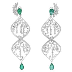 Glamorous 13.45ct Emerald & Natural Diamond Drop Earrings in 18K White Gold