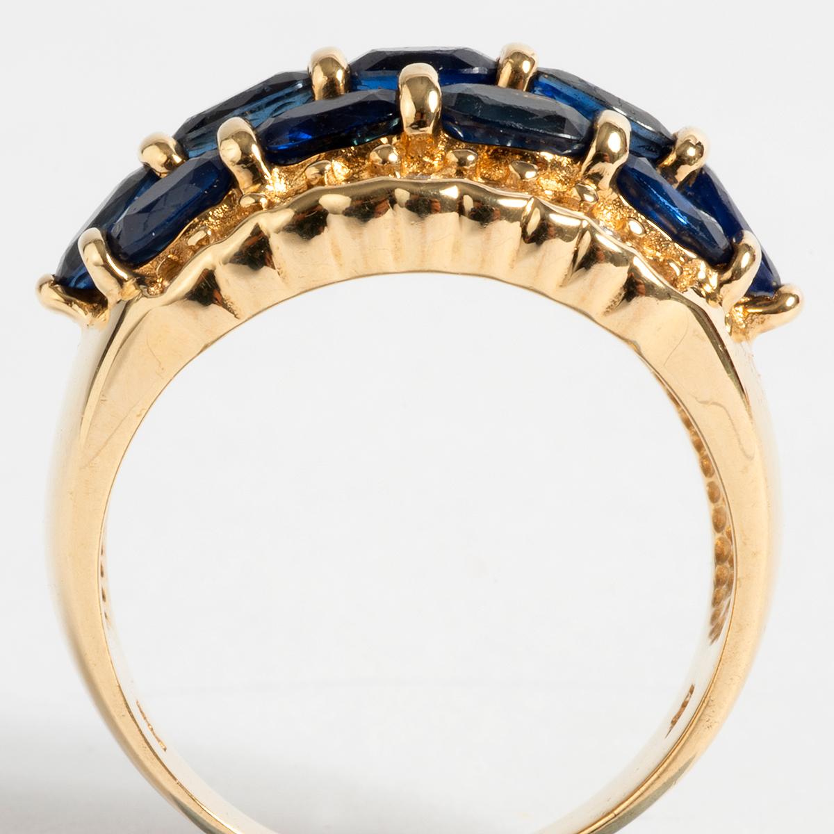 Mixed Cut Glamorous 14 Carat Yellow Gold Diamond and Sapphire Dress Ring For Sale