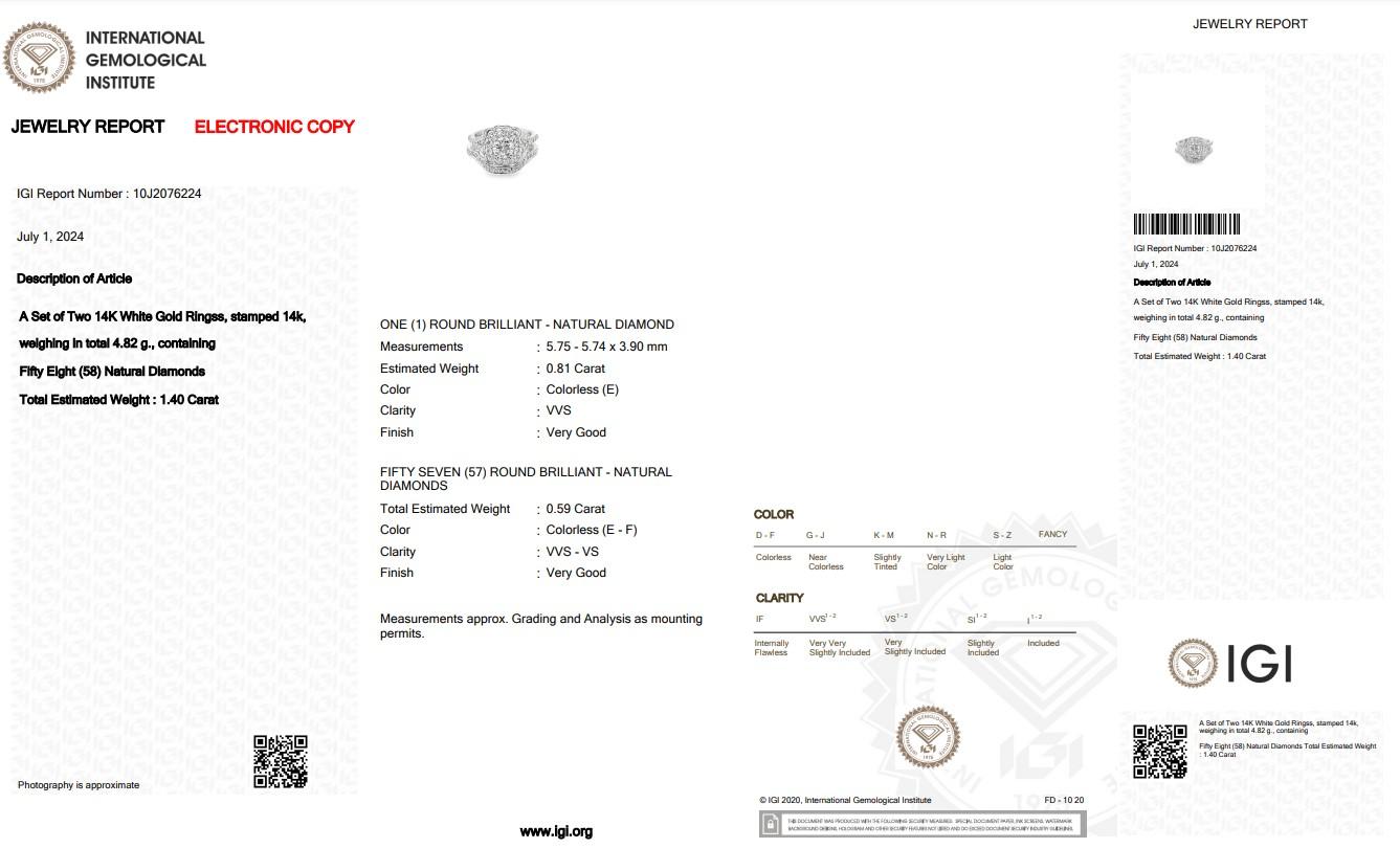 Set di due anelli con diamanti da 1,40 carati in oro bianco 14k - Certificato IGI in vendita 1