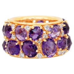 Bague glamour en or rose 18 carats avec améthystes et diamants - Certifiée IGI