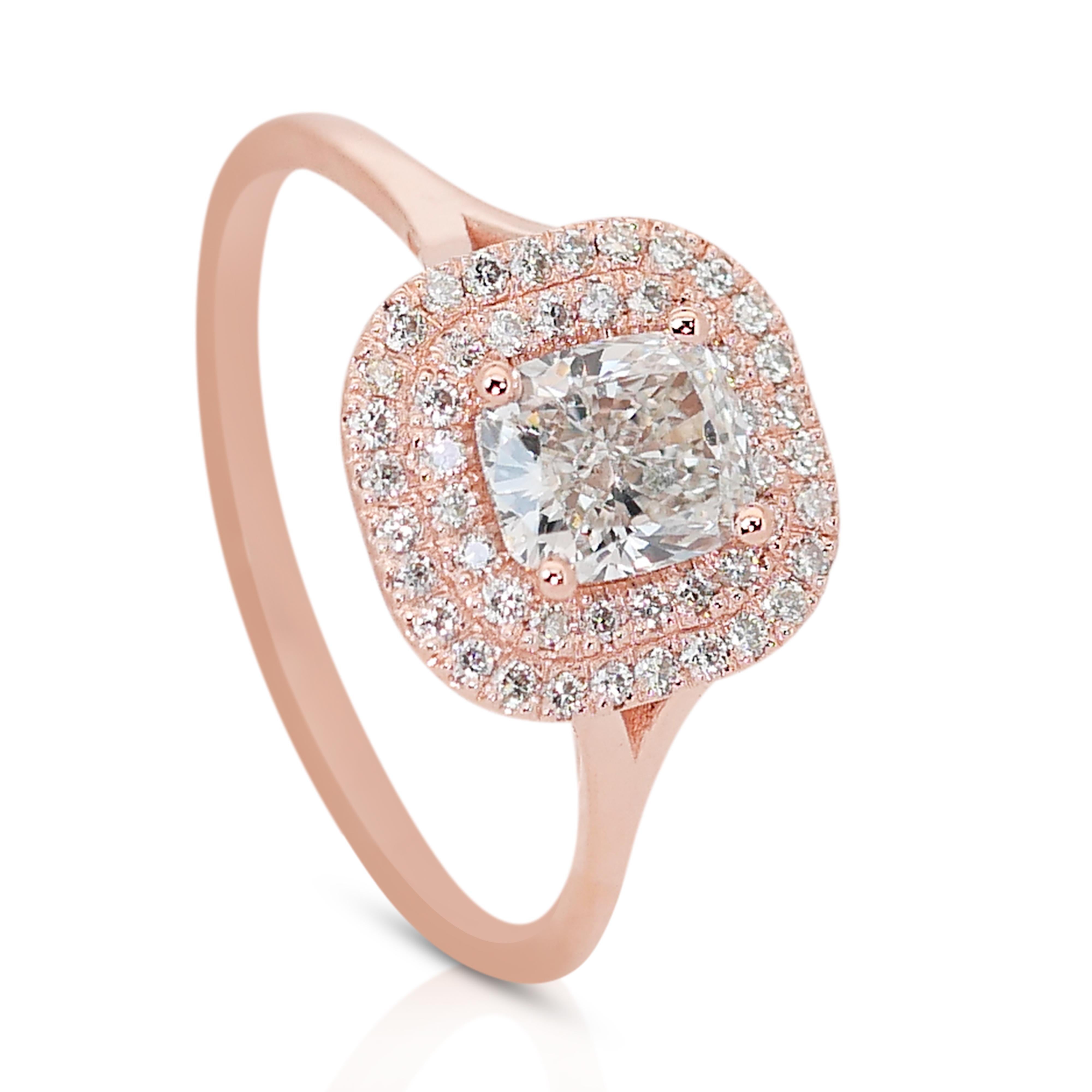 Cushion Cut Glamorous 14k Rose Gold Double Halo Diamond Ring w/1.09 ct - IGI Certified
