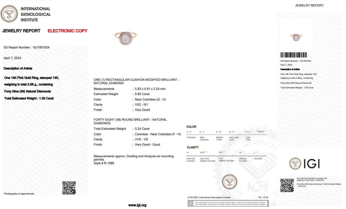 Women's Glamorous 14k Rose Gold Double Halo Diamond Ring w/1.09 ct - IGI Certified