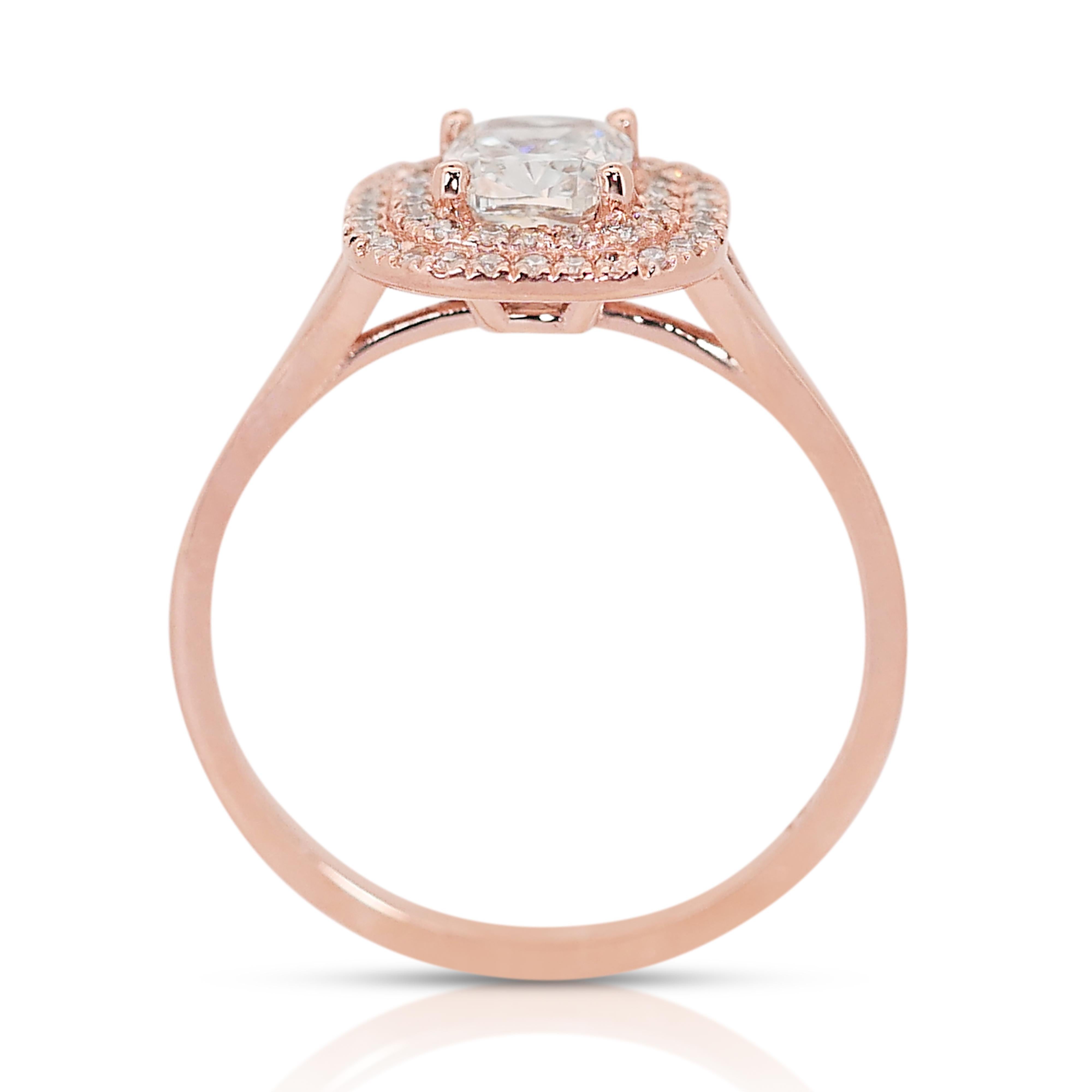 Glamorous 14k Rose Gold Double Halo Diamond Ring w/1.09 ct - IGI Certified For Sale 2