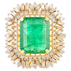 Glamorous 14k Yellow Gold Cocktail Ring with Emerald-Cut Emerald & Diamonds