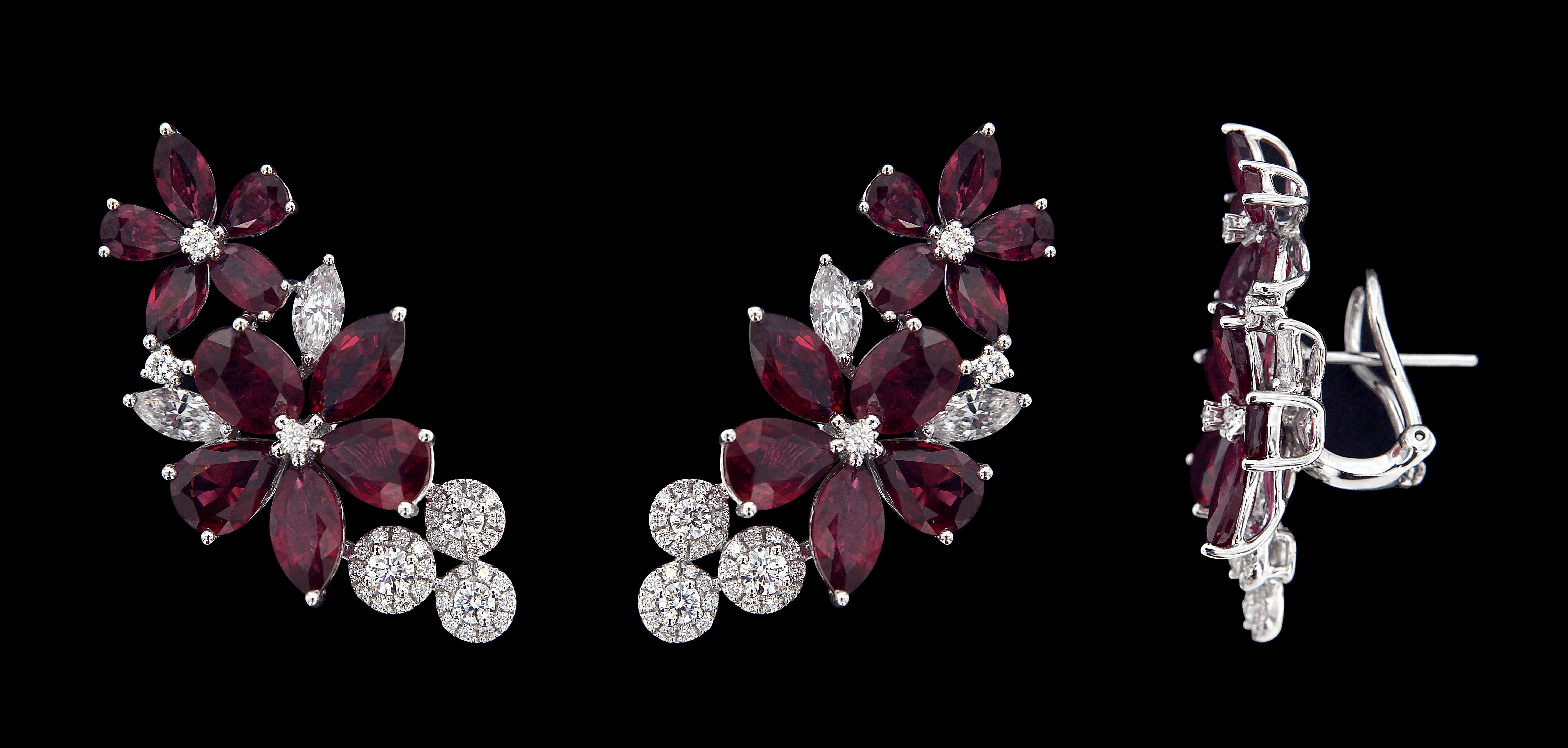 Pear Cut Glamorous 18 Karat White Gold, Diamond and Ruby Earrings For Sale