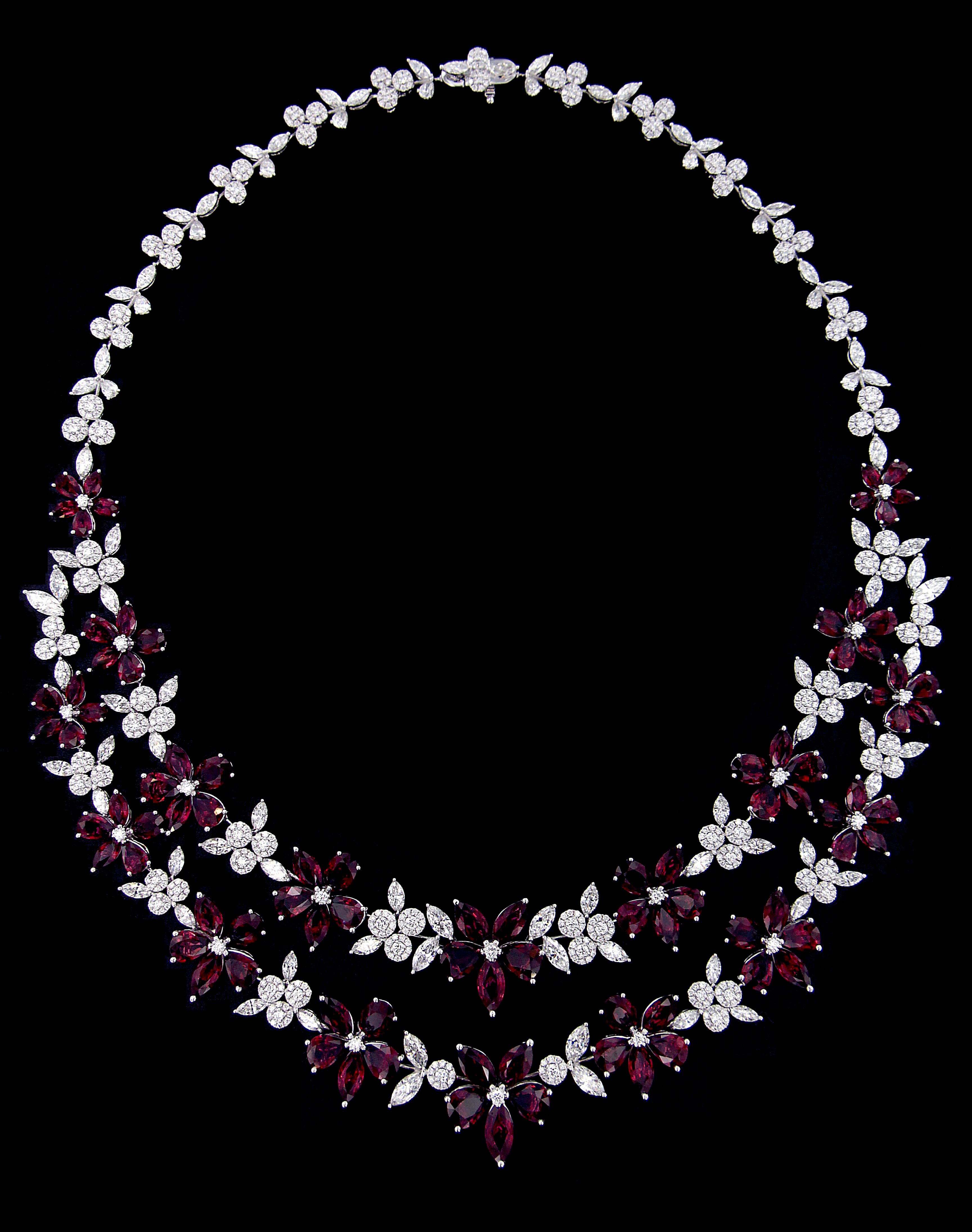 Pear Cut Glamorous 18 Karat White Gold, Diamond and Ruby Necklace For Sale