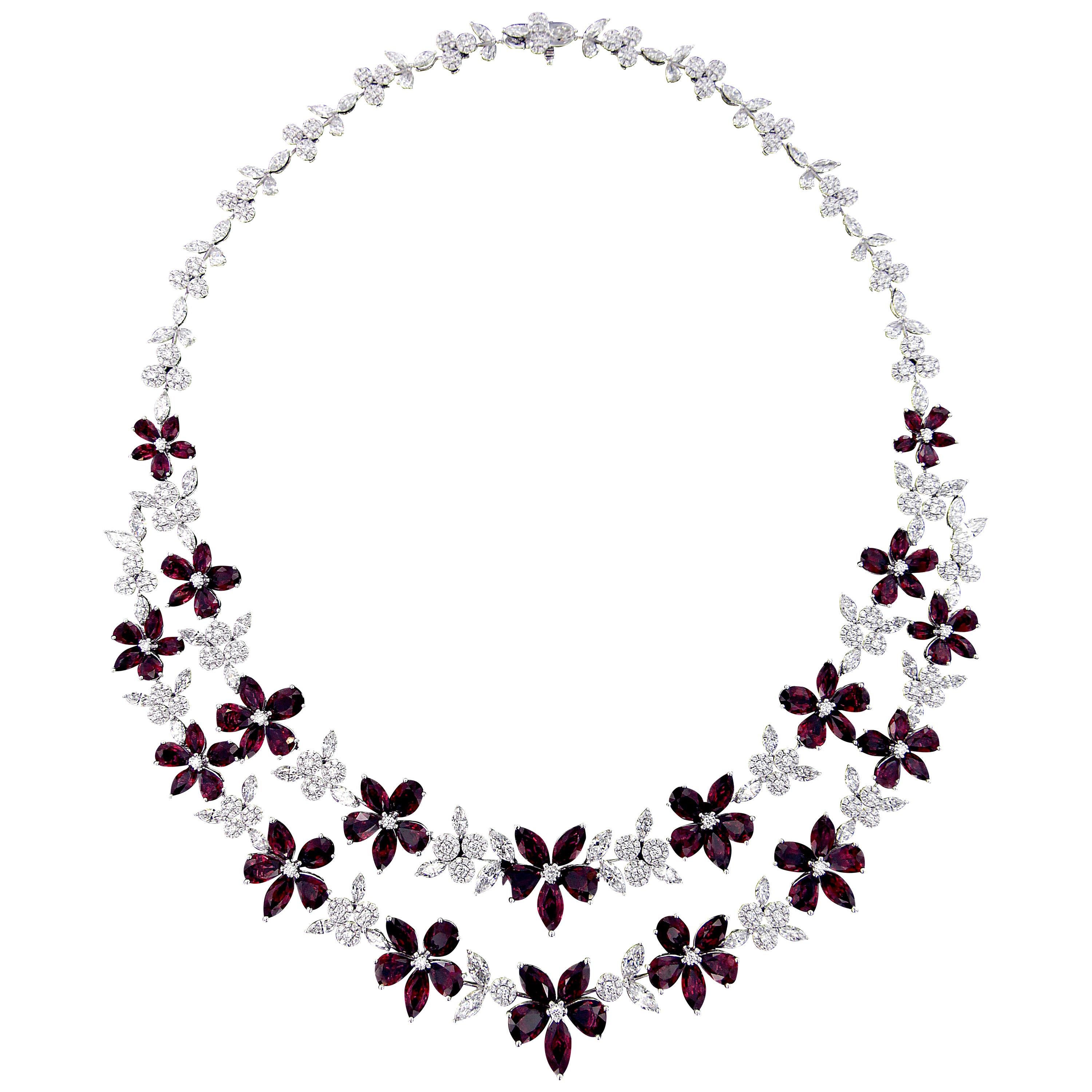 Glamorous 18 Karat White Gold, Diamond and Ruby Necklace For Sale
