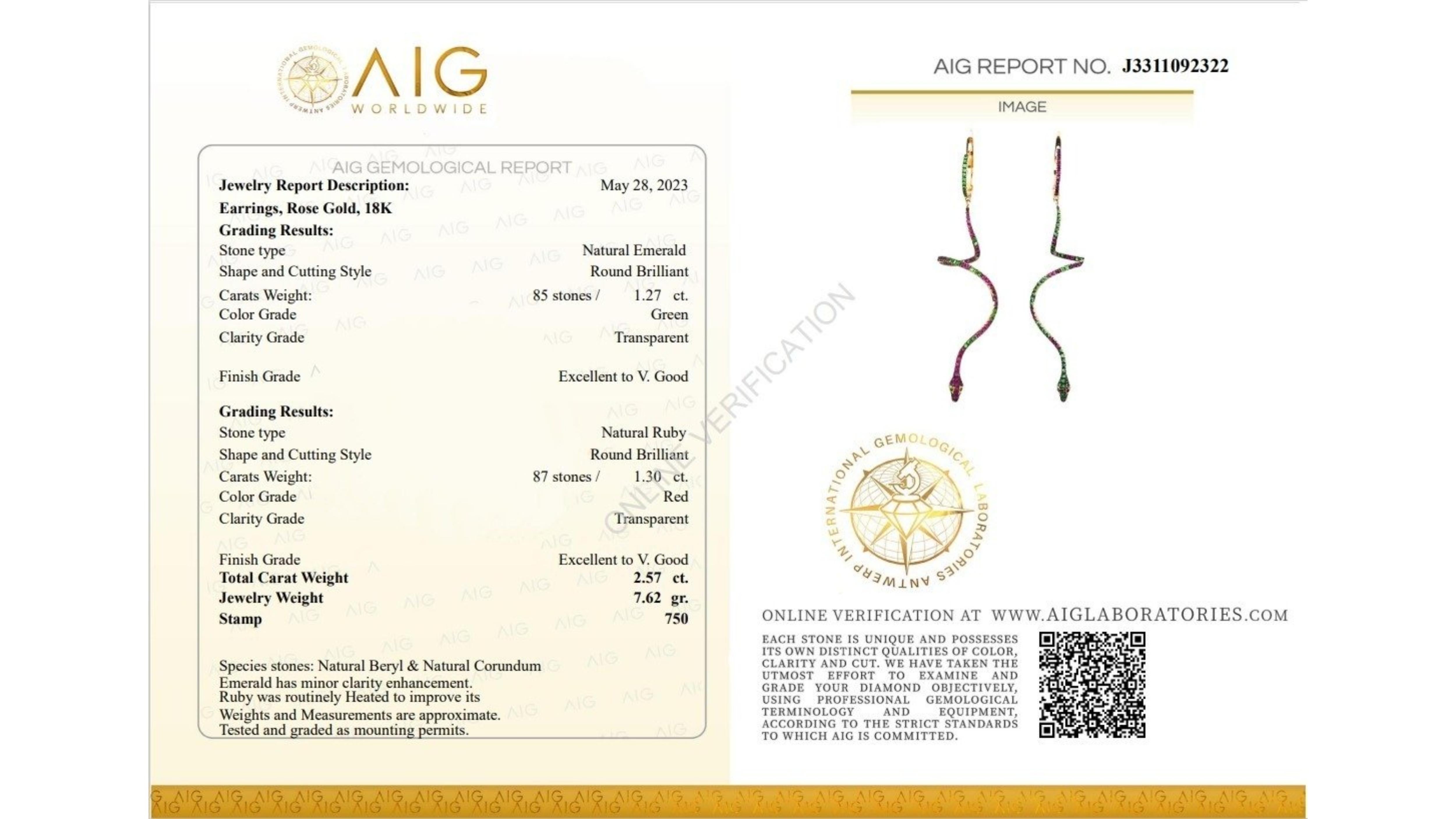 A snake-designed pair of earrings with a dazzling 1.27 carat round brilliant natural emerald. It has 1.3 carat of side rubies which add more to its elegance. The jewelry is made of 18K Pink Gold with a high-quality polish. It comes with an AIG