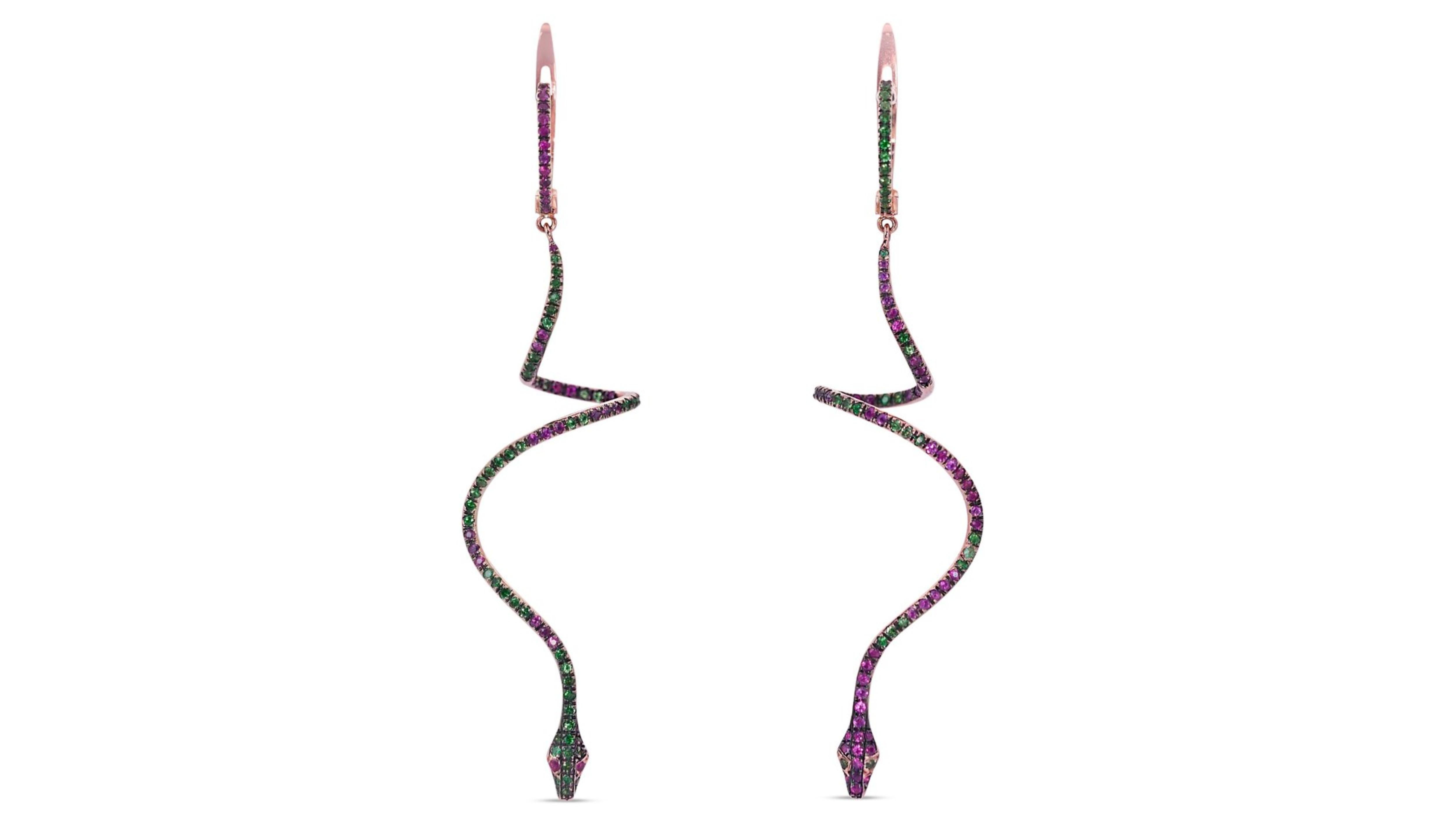 Glamorous 18k Pink Gold Earrings with 2.57 total carat of Natural Emerald and Ru 2