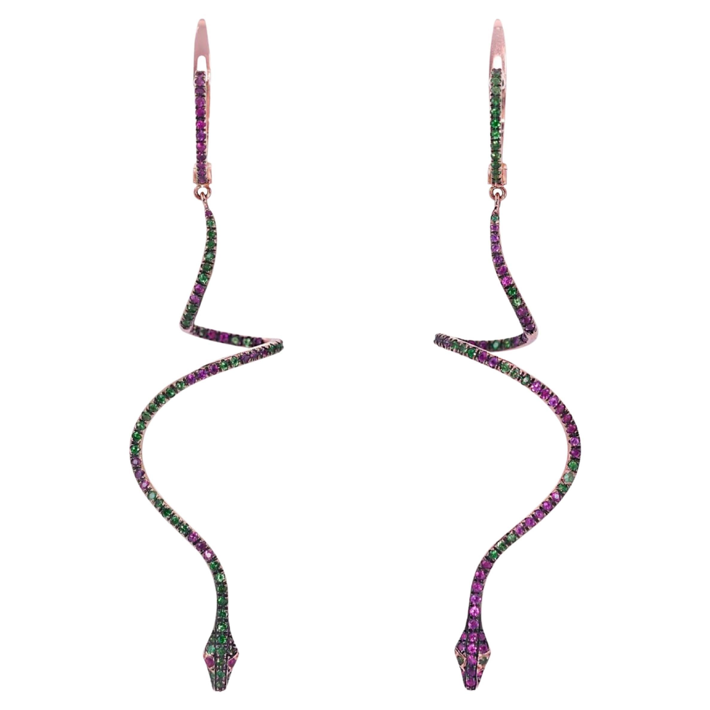 Glamorous 18k Pink Gold Earrings with 2.57 total carat of Natural Emerald and Ru