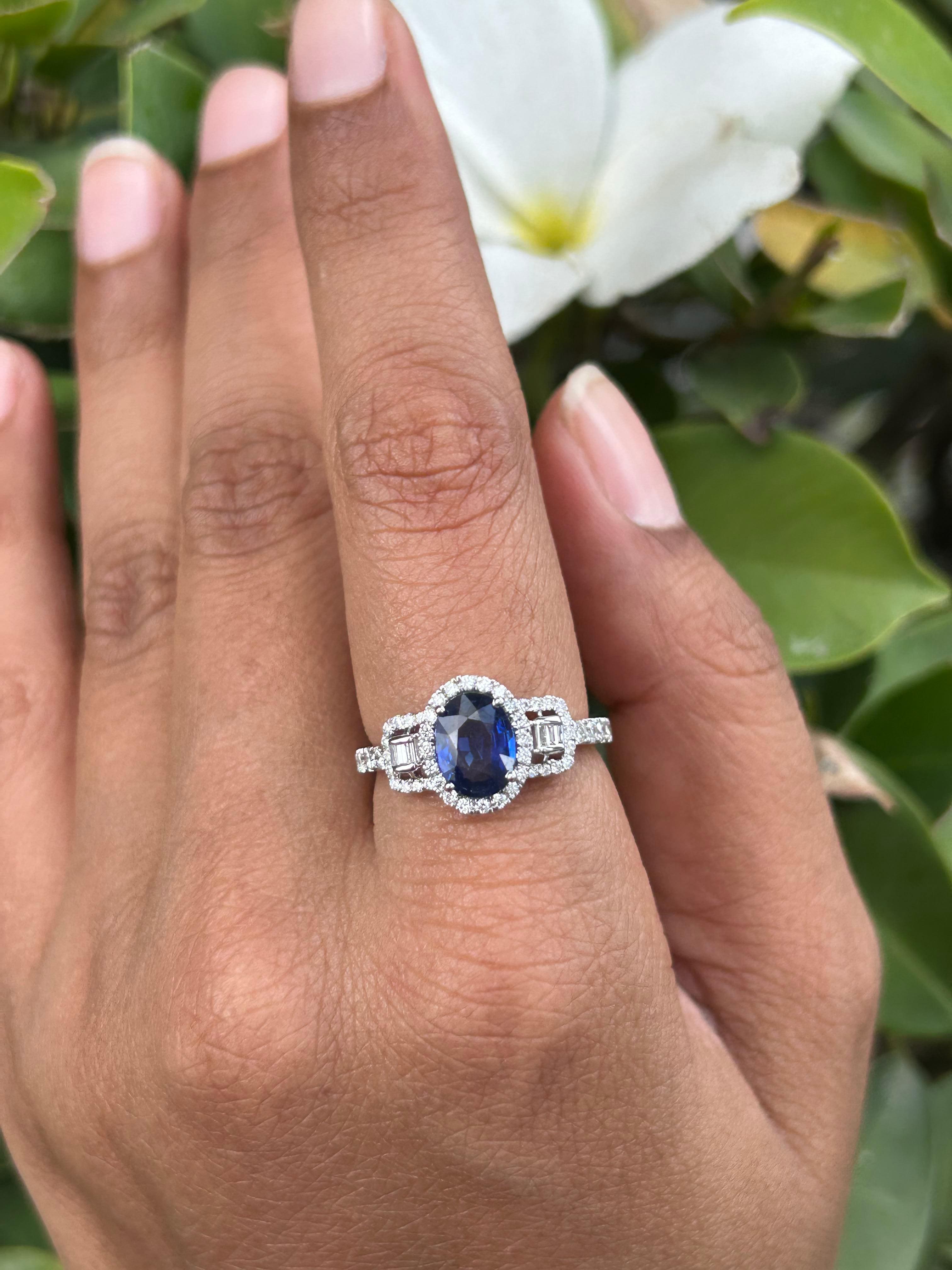 For Sale:  18k Solid White Gold Faceted Blue Sapphire Diamond Engagement Ring Certified 6