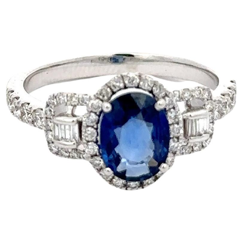 For Sale:  18k Solid White Gold Faceted Blue Sapphire Diamond Engagement Ring Certified