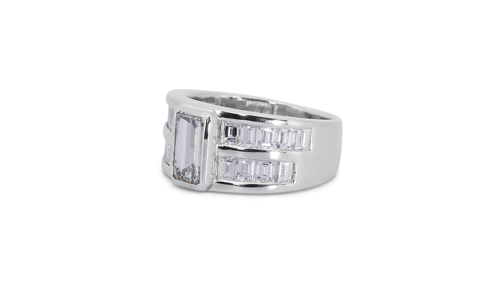 Emerald Cut Glamorous 18K White Gold Dome Ring w/ 1.90 ct Natural Diamonds IGI Certificate For Sale
