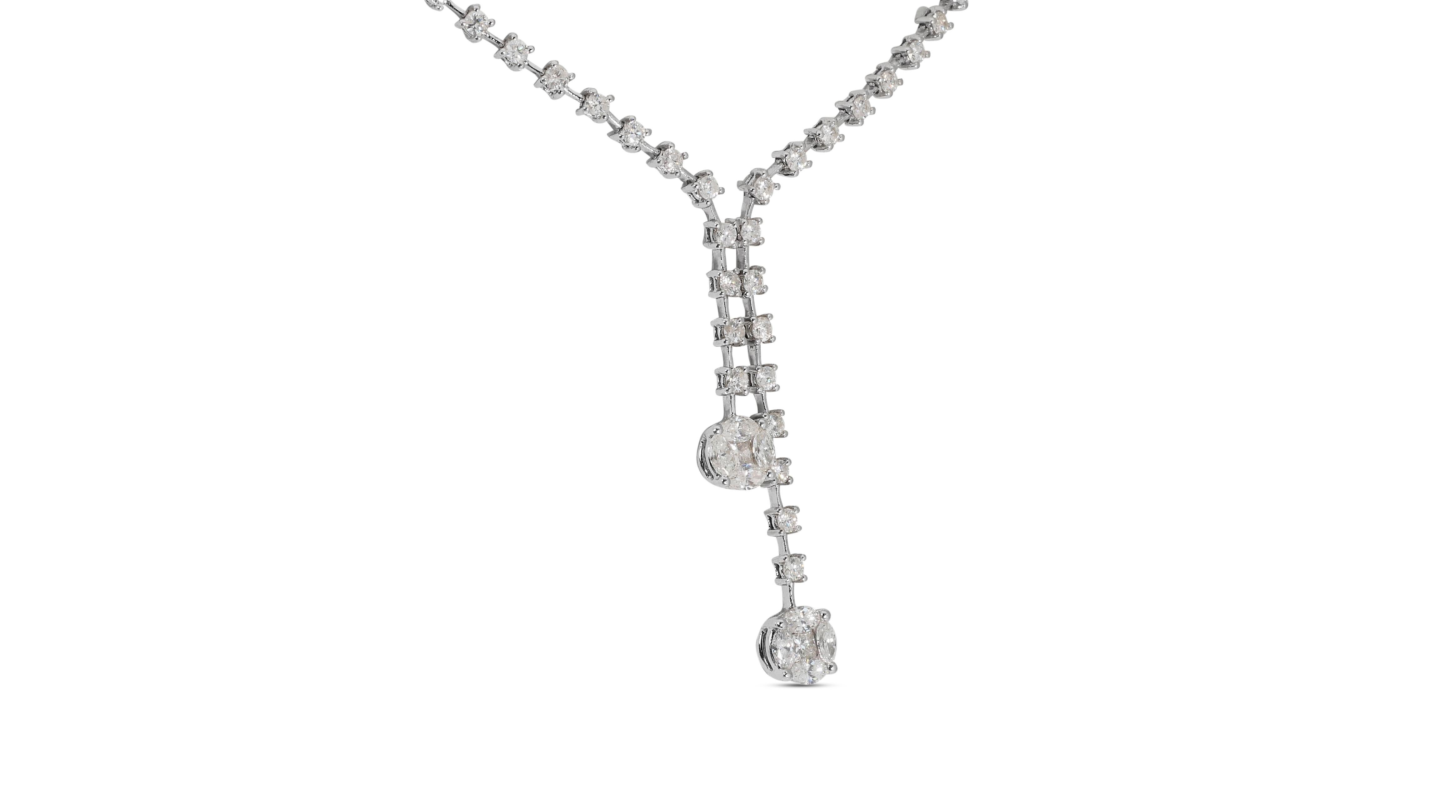 Glamorous 18k White Gold Drop Necklace w/ 5.06ct Natural Diamonds IGI Cert For Sale 1