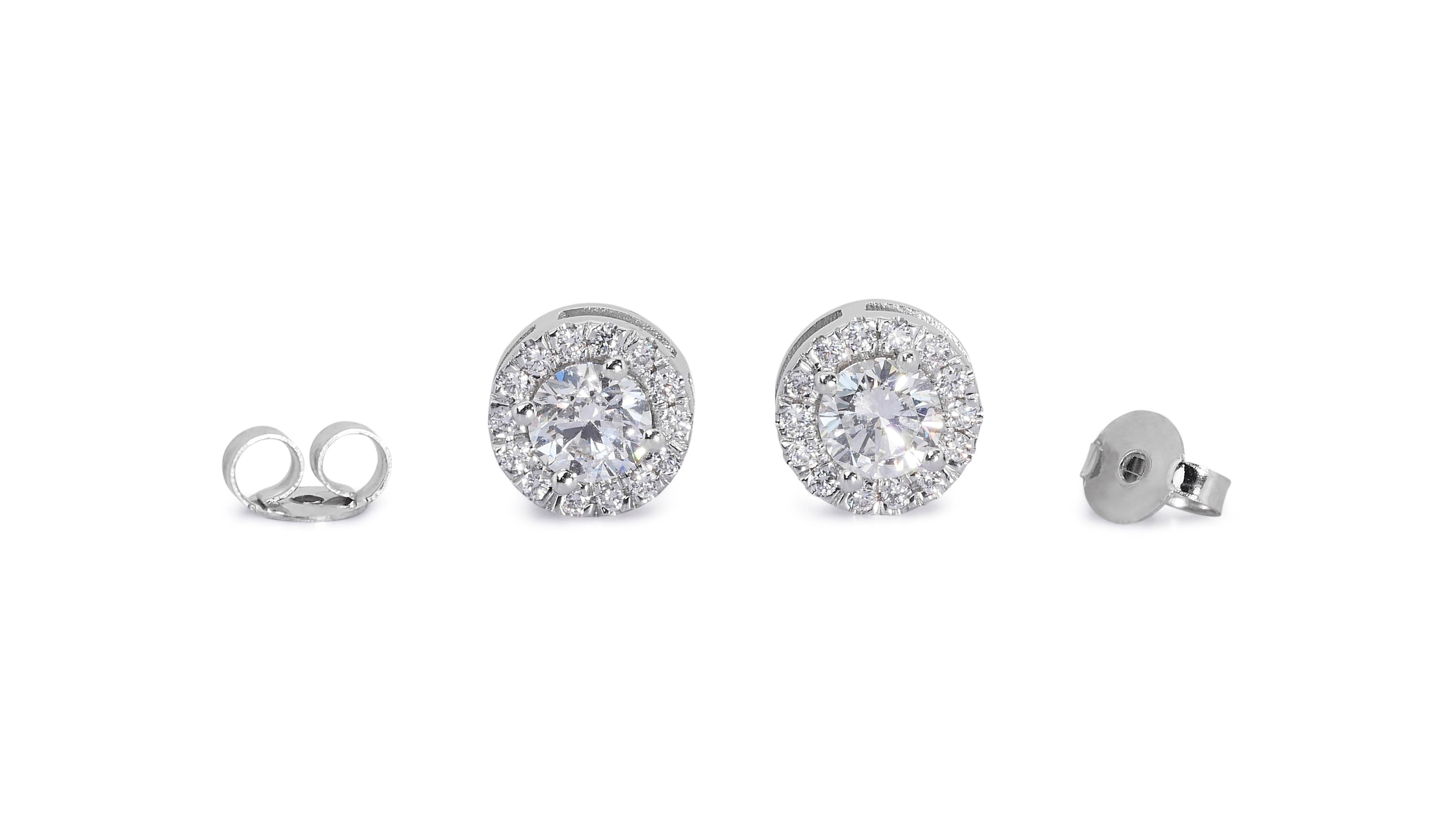 Glamorous 18k White Gold Halo Earrings w/ 1.05 Carat Natural Diamonds GIA Cert For Sale 5