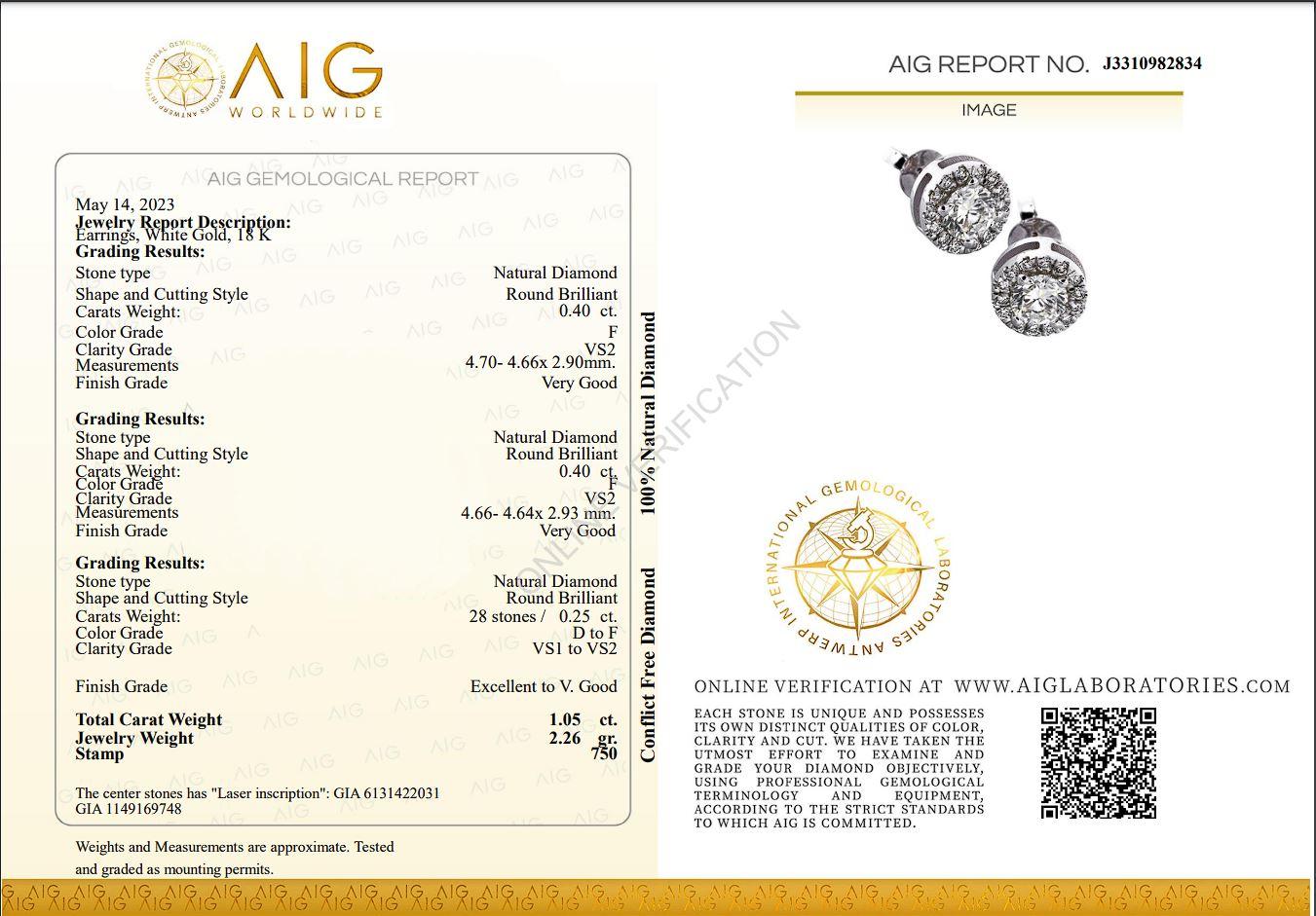 Glamorous 18k White Gold Halo Earrings w/ 1.05 Carat Natural Diamonds GIA Cert In New Condition For Sale In רמת גן, IL