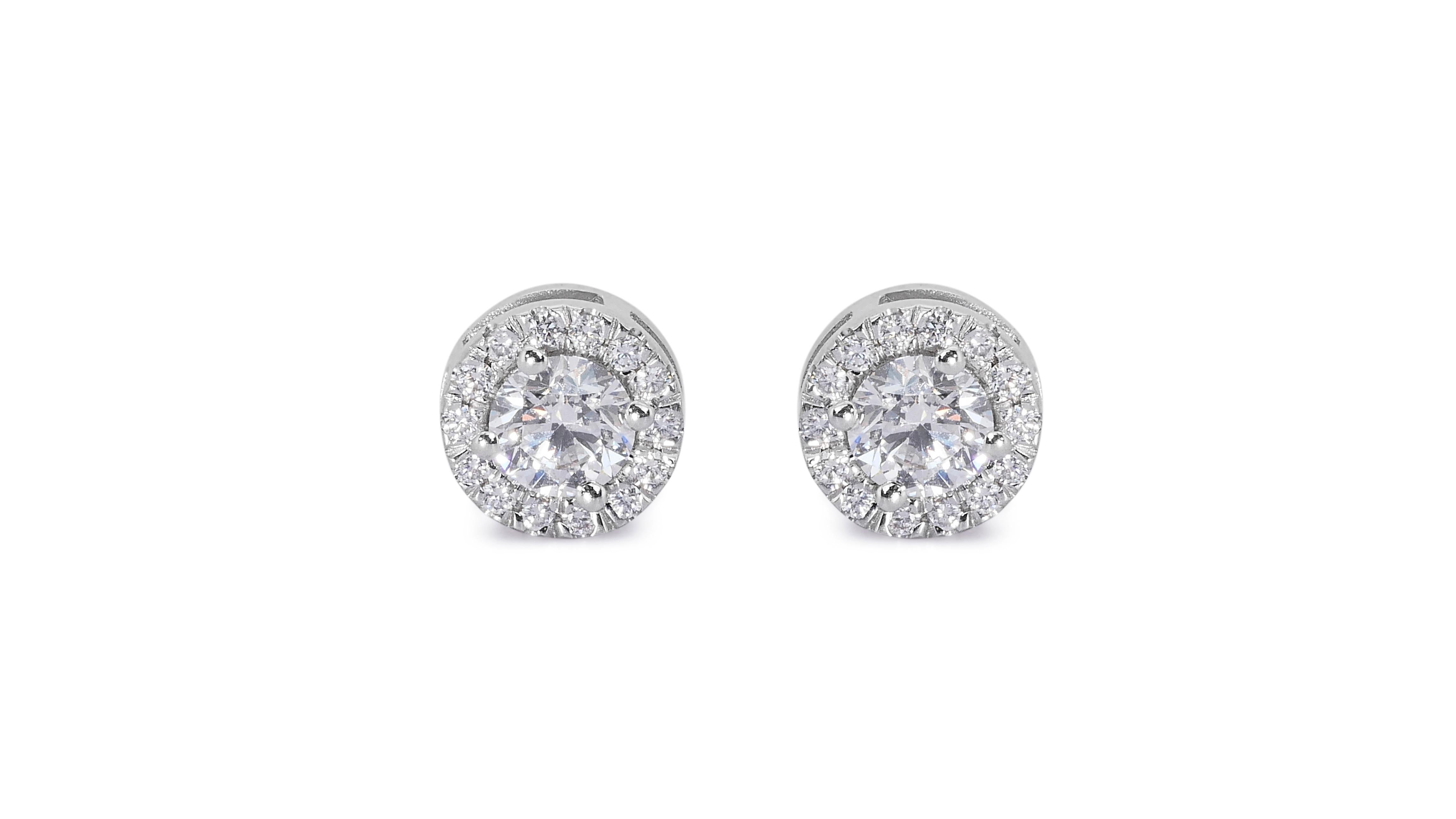 Women's Glamorous 18k White Gold Halo Earrings w/ 1.05 Carat Natural Diamonds GIA Cert For Sale