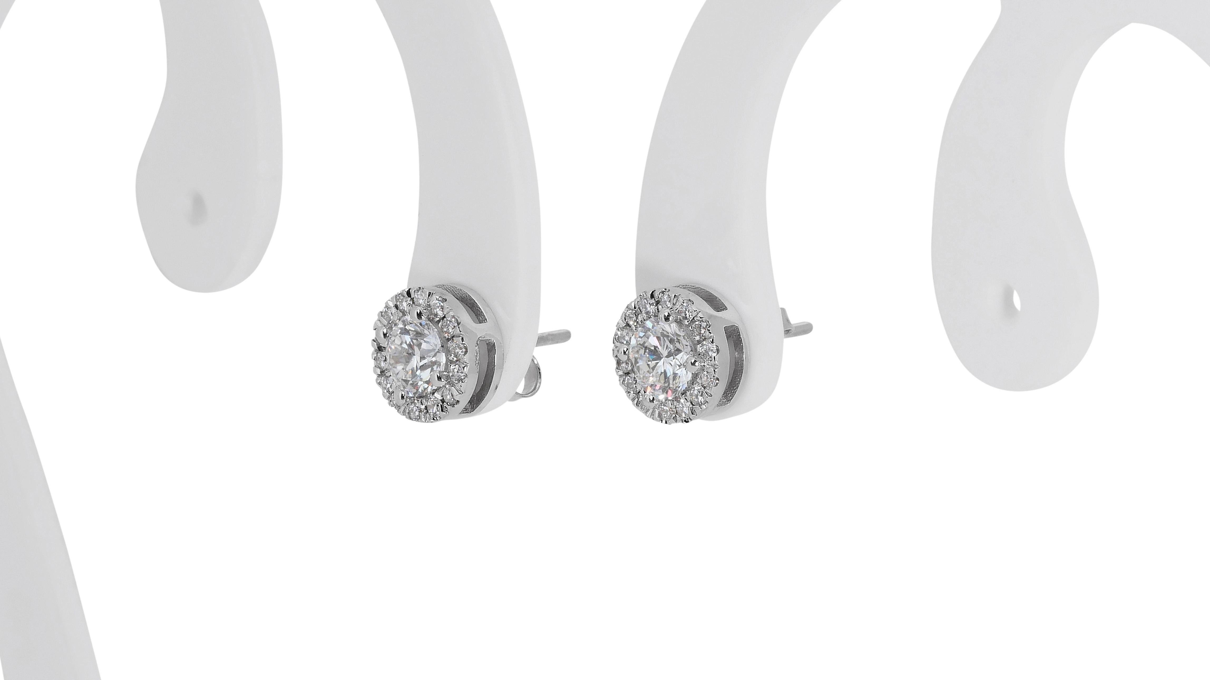 Glamorous 18k White Gold Halo Earrings w/ 1.05 Carat Natural Diamonds GIA Cert For Sale 1