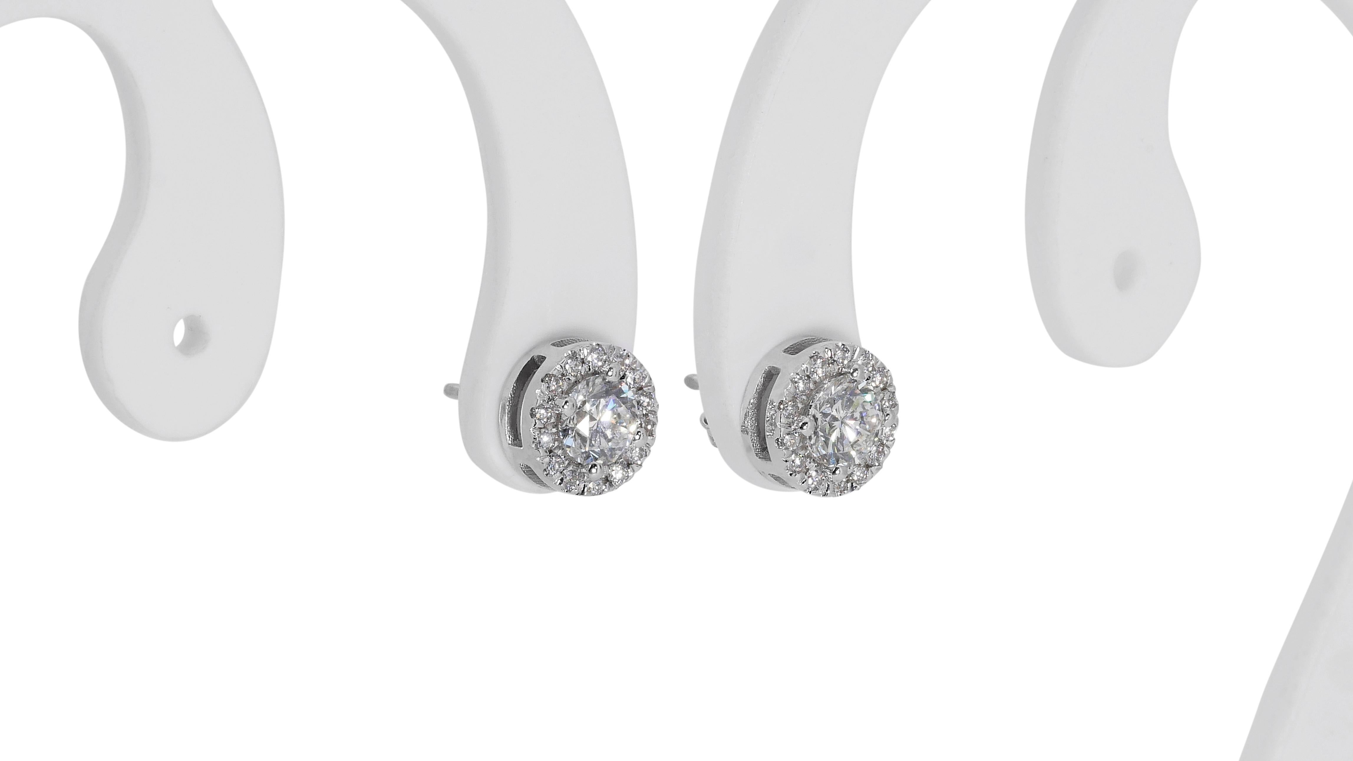 Glamorous 18k White Gold Halo Earrings w/ 1.05 Carat Natural Diamonds GIA Cert For Sale 3