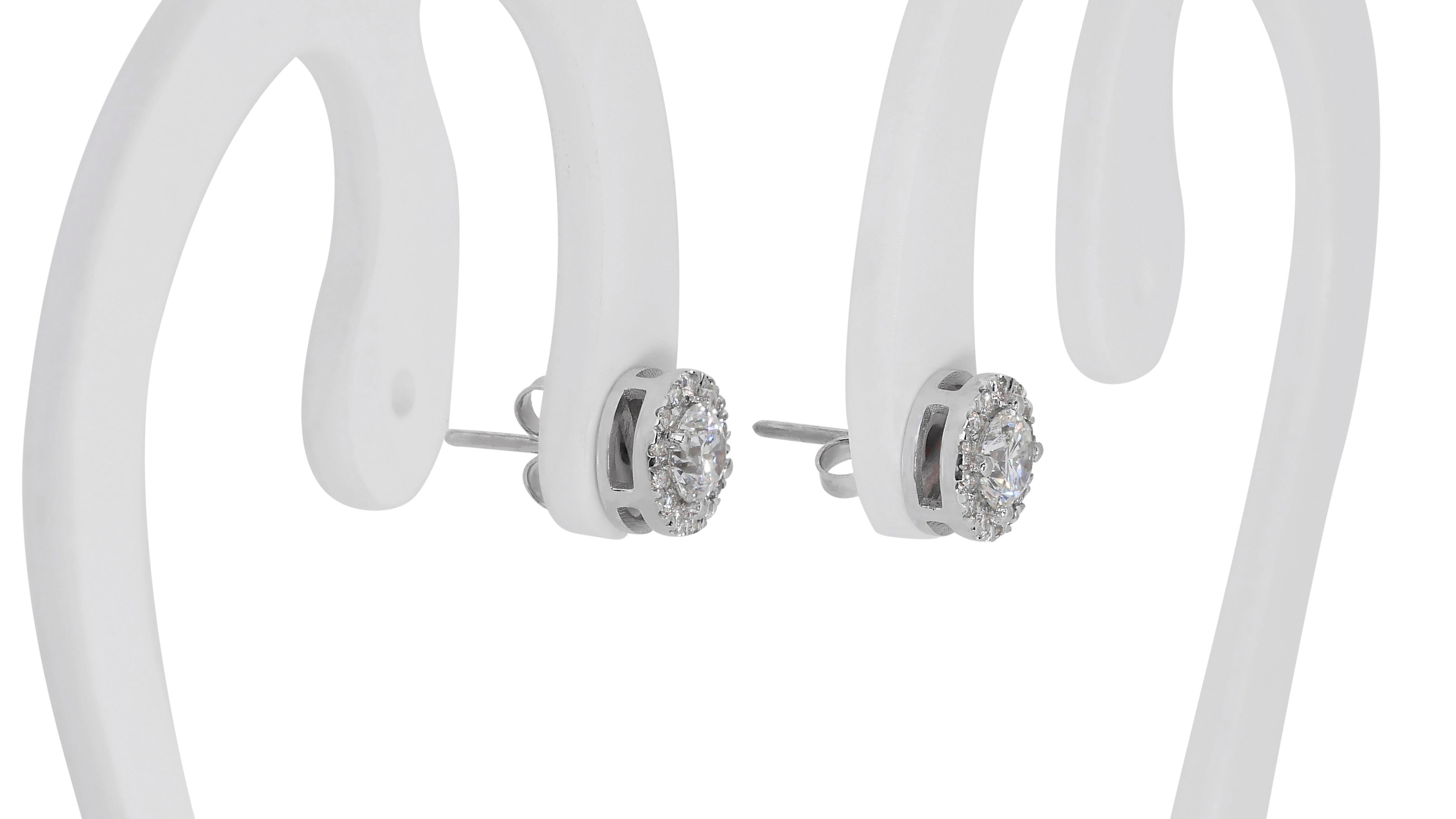 Glamorous 18k White Gold Halo Earrings w/ 1.05 Carat Natural Diamonds GIA Cert For Sale 4