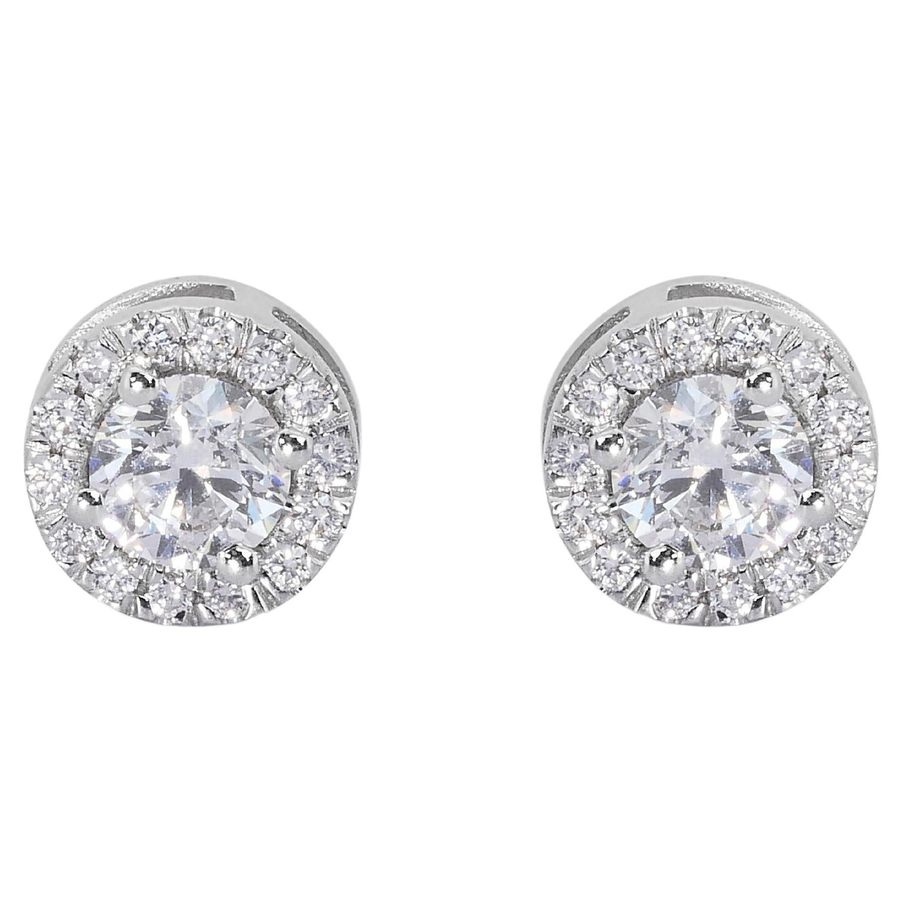 Glamorous 18k White Gold Halo Earrings w/ 1.05 Carat Natural Diamonds GIA Cert