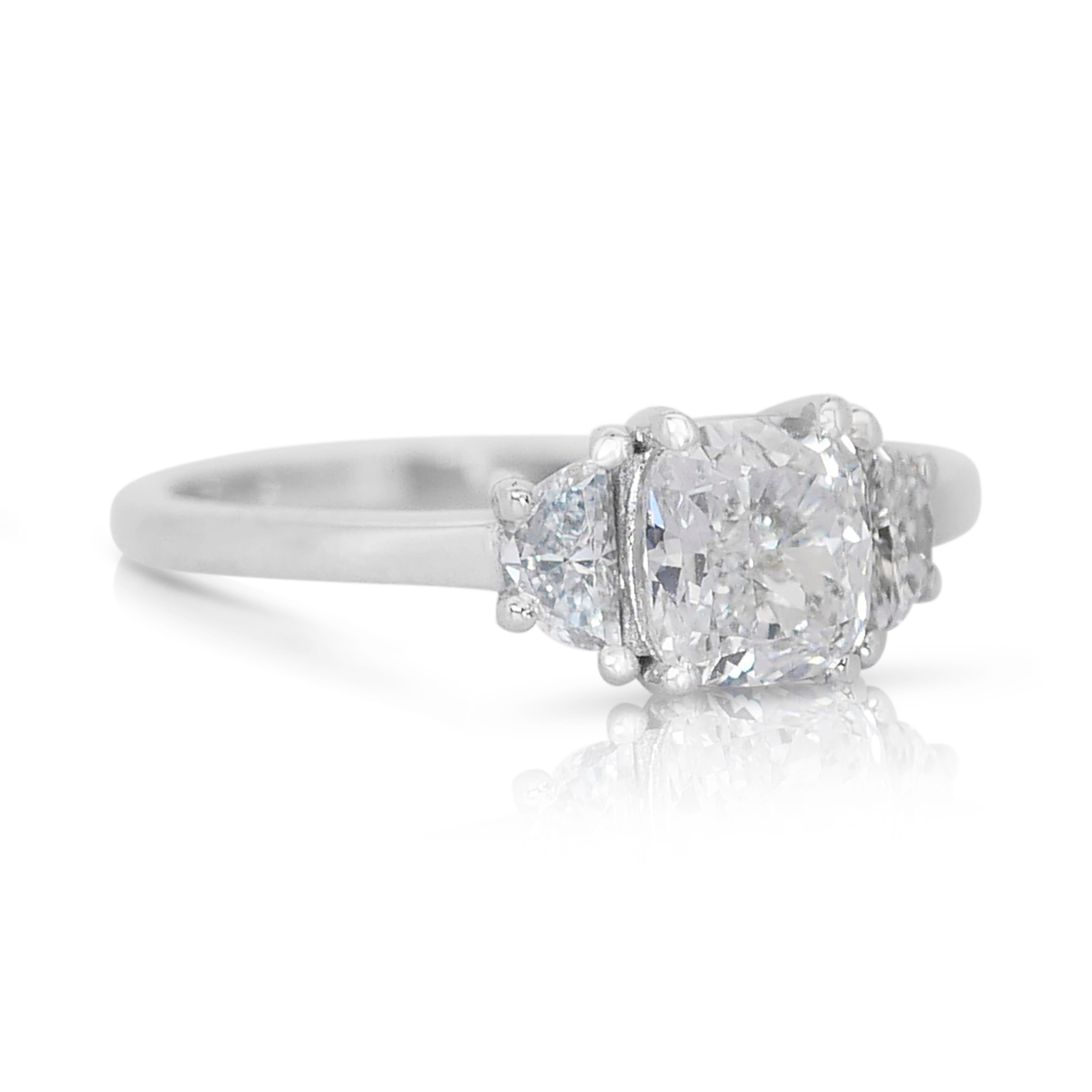 1.25 carat Ideal Cut Cushion and half moons diamond ring 

Indulge in the beauty of eternal love with our 3 Stone Diamond Ring. Accompanied by GIA and AIG certifications, this ring is a testament to its exceptional quality and authenticity. Crafted