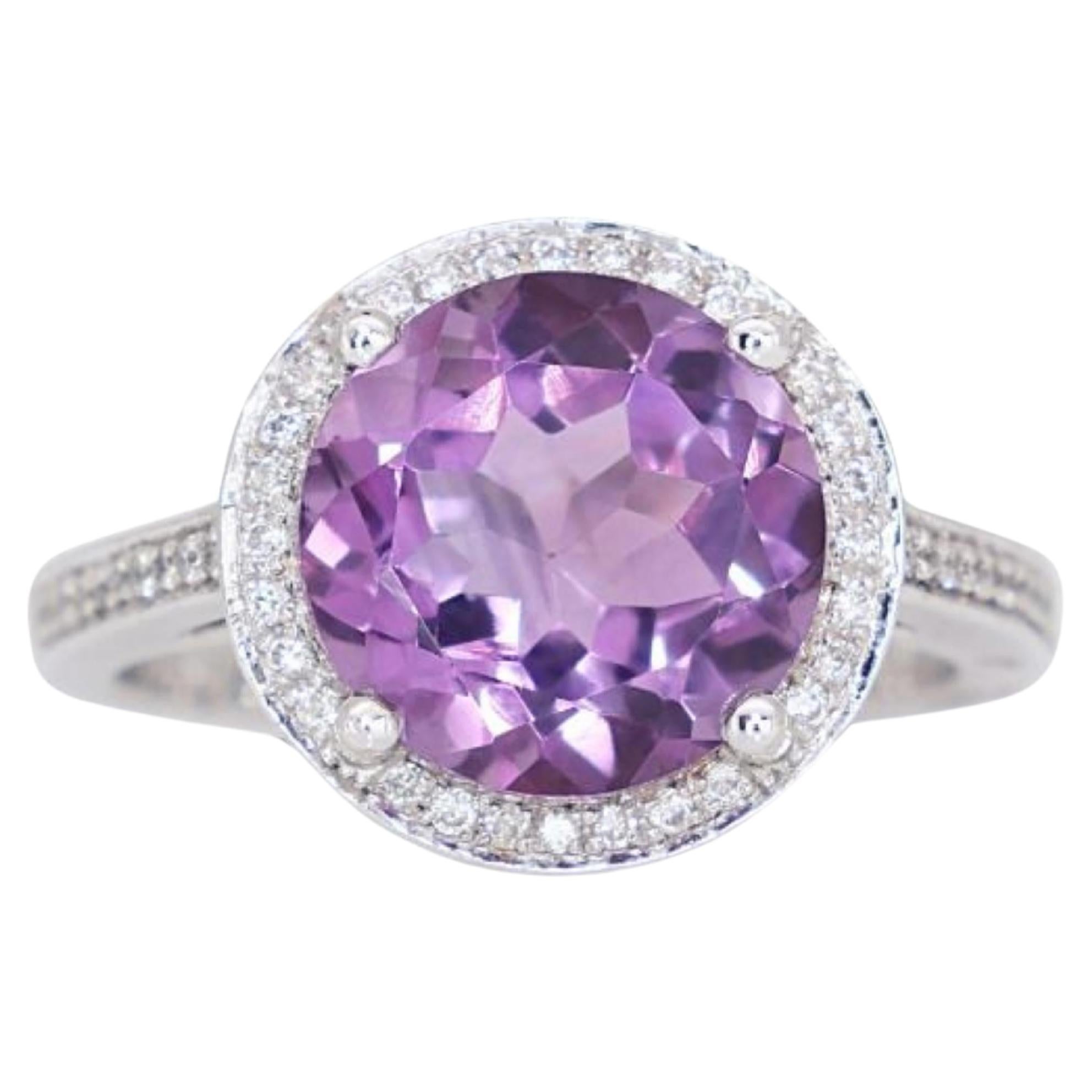 Glamorous 18k White Gold Ring 3.52ct. Round Brilliant Pave Amethyst Ring For Sale